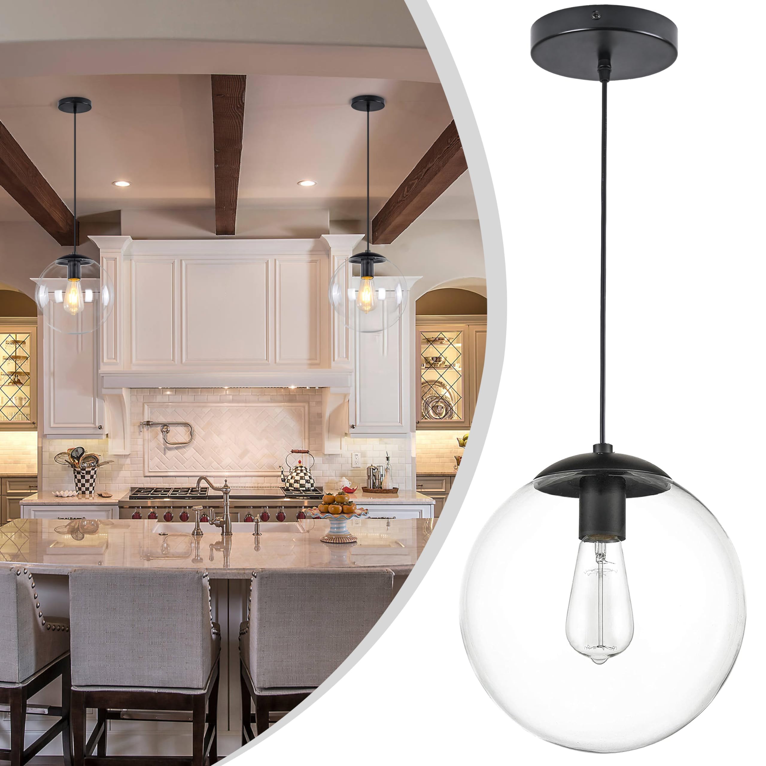 Koko&Yukina 10&quot; Black Globe Pendant Light, Adjustable Mid Century Fixture With Clear Glass Shade