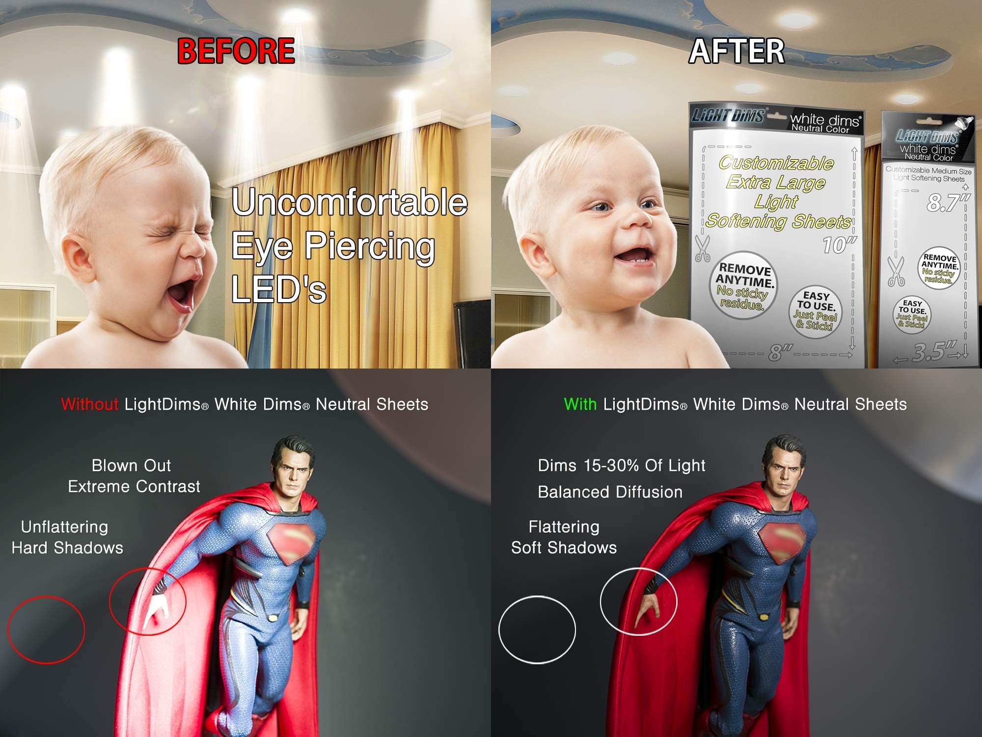 Lightdims White Dims Self Adhesive Dimming/Softening Sheets For Harsh Led Lights - Medium Size (3 Sheets Total) - Neutral Color & Free Mystery Gift