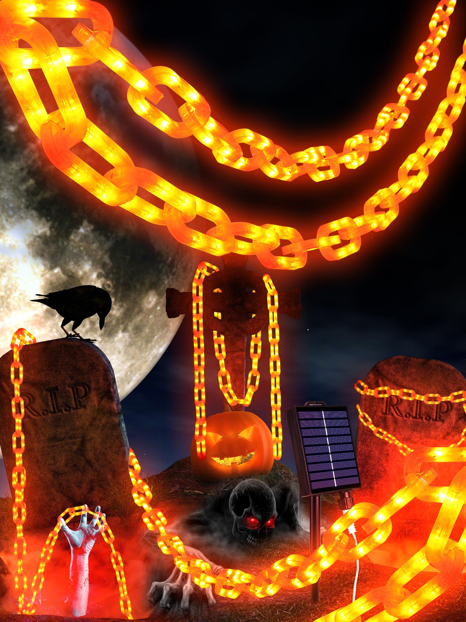 Flacchi Solar Halloween Decorations Outdoor String Lights - 10 Ft 160 LED Plastic Chain String Lights with Waterproof, 8 Lightin