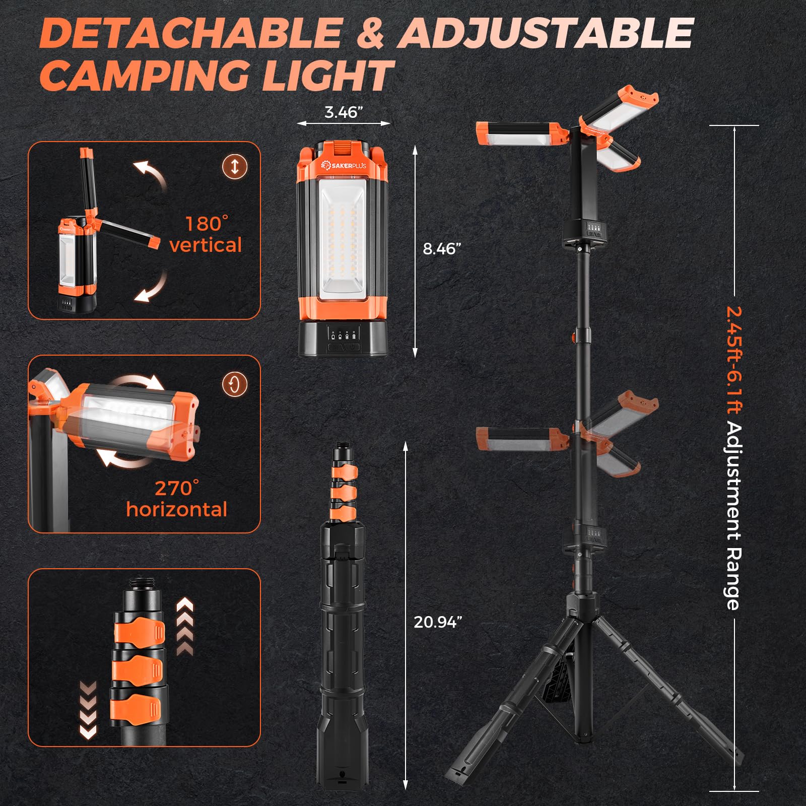 SakerPlus Portable Camping Light with Stand, 20000mAh Outdoor Work Light 800-3200 Lumen, 6.1ft Height with Detachable Tripod, 33
