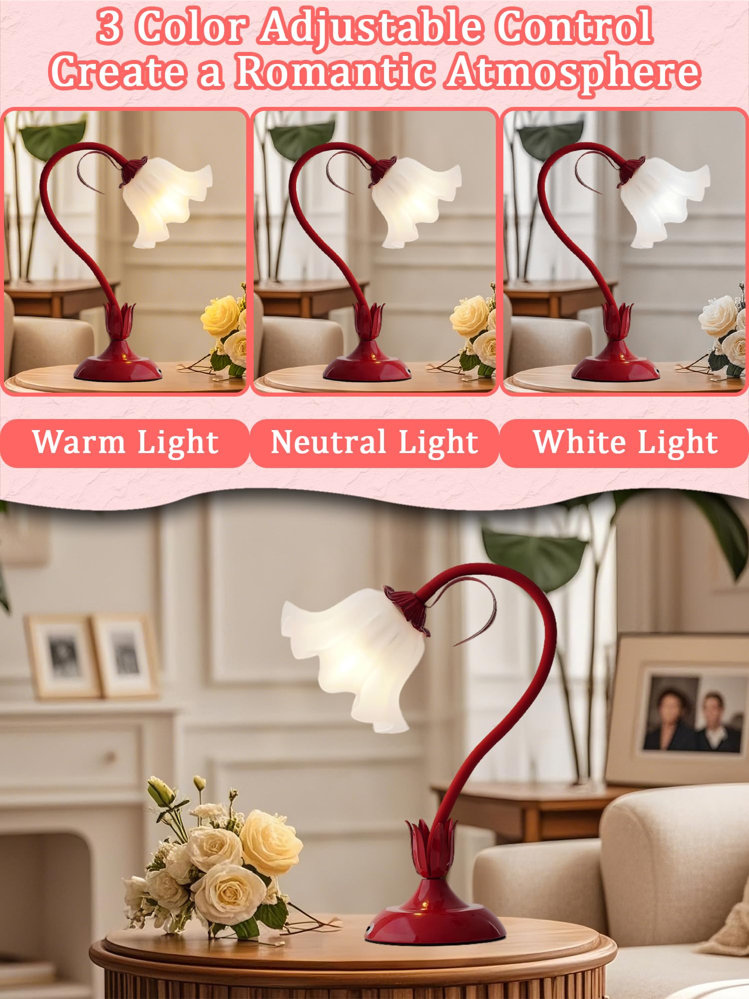 WULCFCH Flower Table Lamp, LED Bedside Lamp, 3 Color Modes, Acrylic, Red, Model huadeng-1