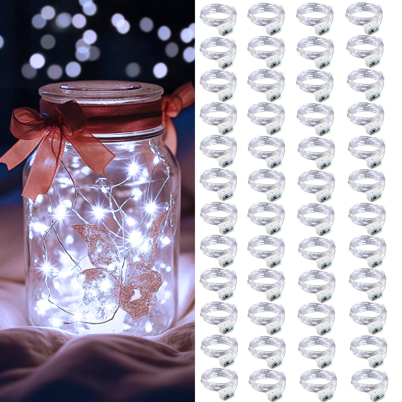 AIKEI 48 Pack LED Fairy Lights Battery Operated  Fairy String Lights Waterproof 7 Feet 20 Led Firefly Starry Lamps for Wedding Party Bedroom Garden Halloween Christmas Decoration White