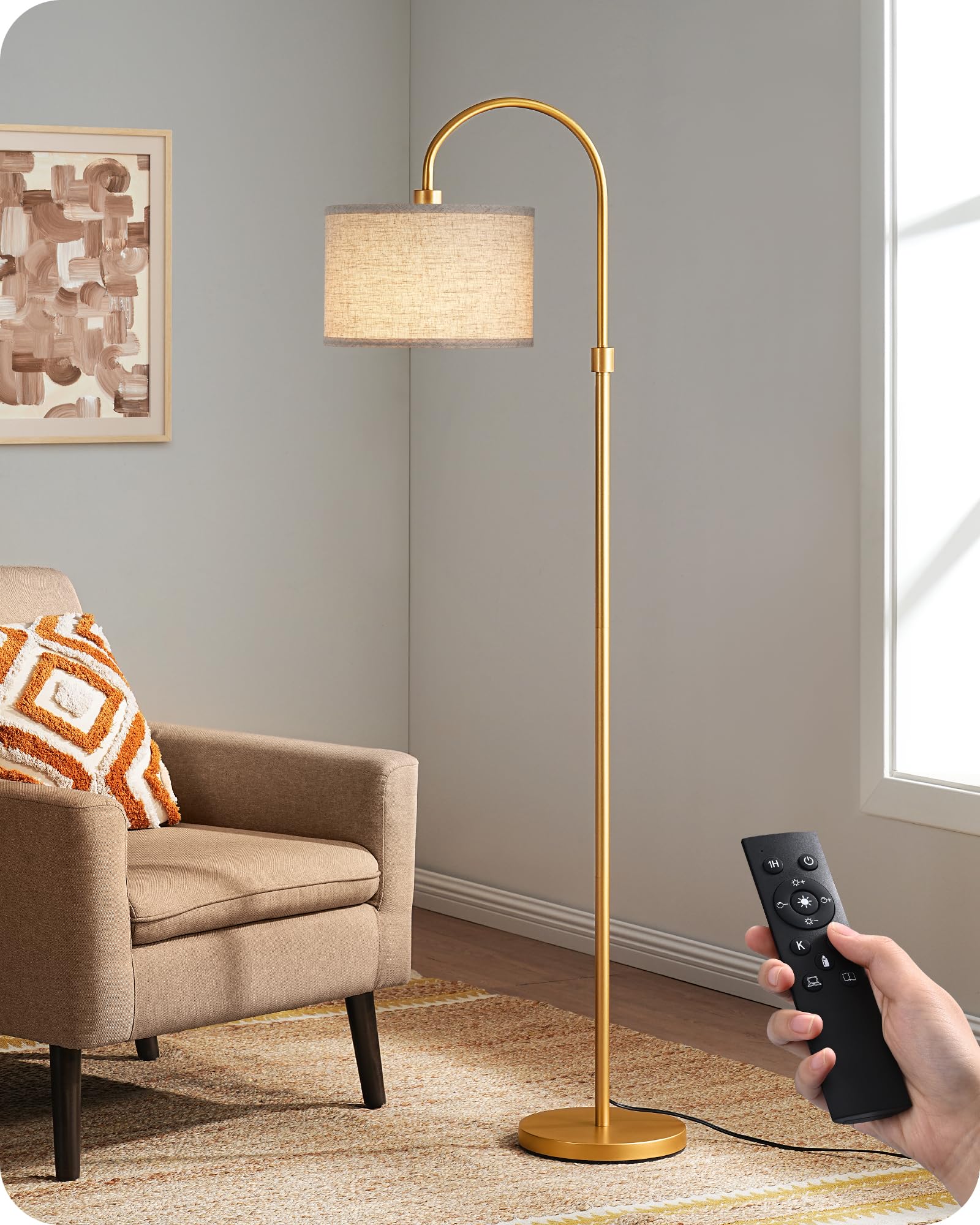 EDISHINE Modern Arc Floor Lamp with Remote, Dimmable Gold Floor Lamp, 3000K-6500K Color Temperatures, Tall Pole Reading Floor La