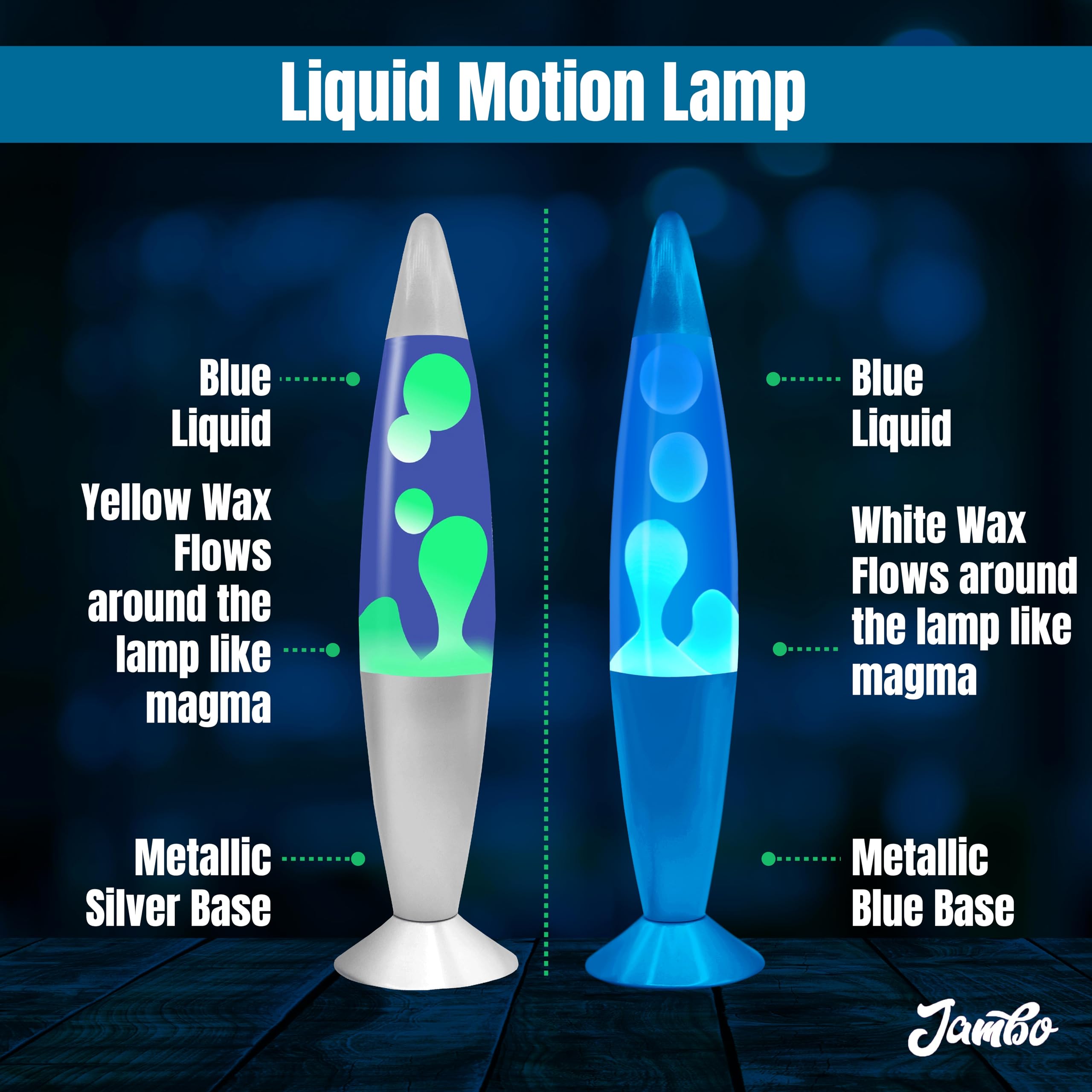 Jambo 16&quot; Inch Beautiful Liquid Motion Lamp With Wax | Entertaining For Adults, Teens And Kids (Silver Base, Blue Liquid, Yellow Wax & Blue Base, Blue Liquid, White Wax Double Pack)