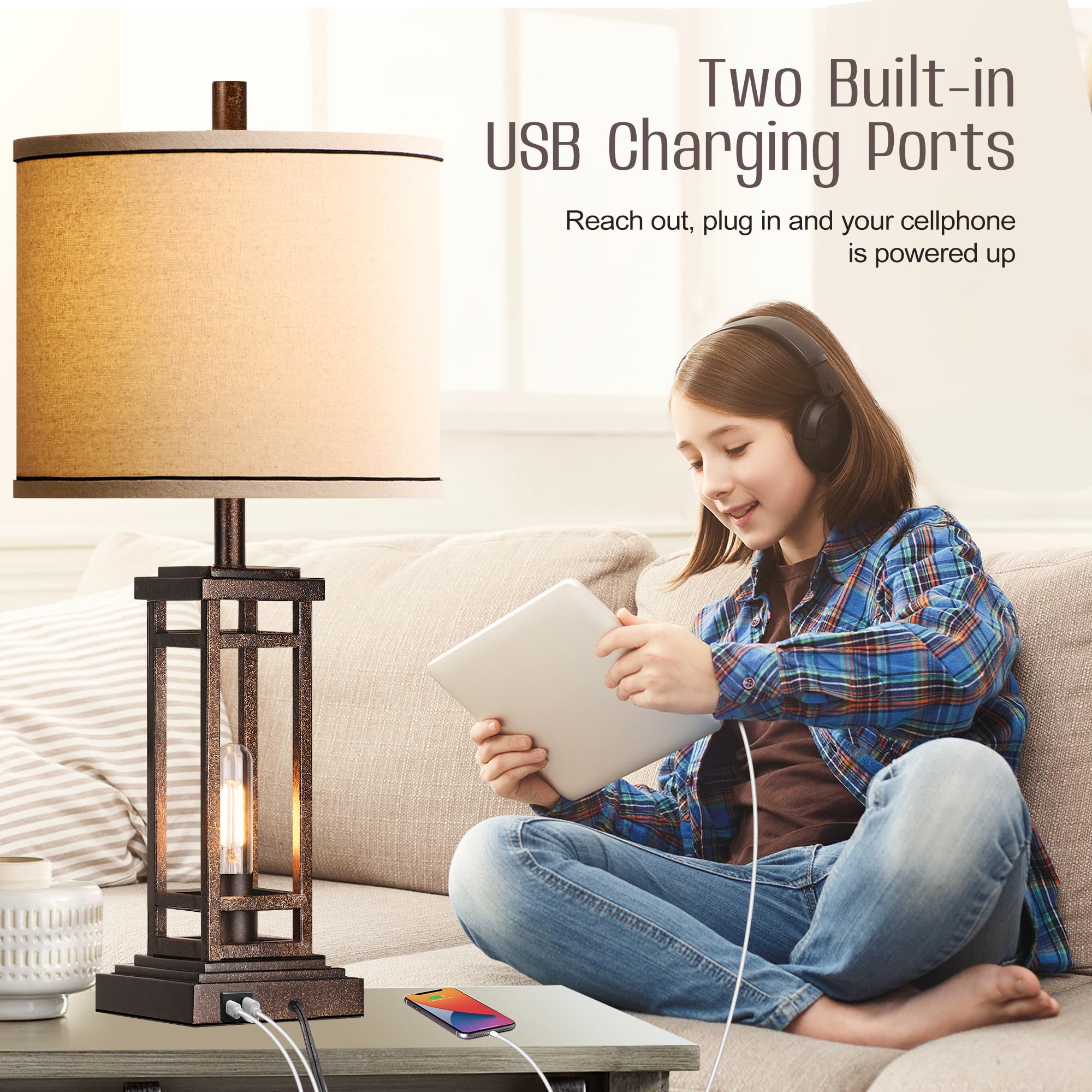 ROTTOGOON 27.5" Rustic Farmhouse Table Lamp with USB Ports, Bronze, Model ROLP380BB1