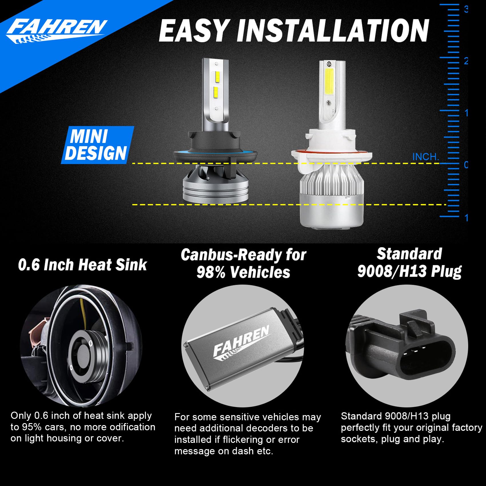 FAHREN 9008 Fog Lights Super Bright H13 Fog Bulbs 6500K Cool White Fog Bulbs with Turbo Fan, IP68 Waterproof Pack of 2