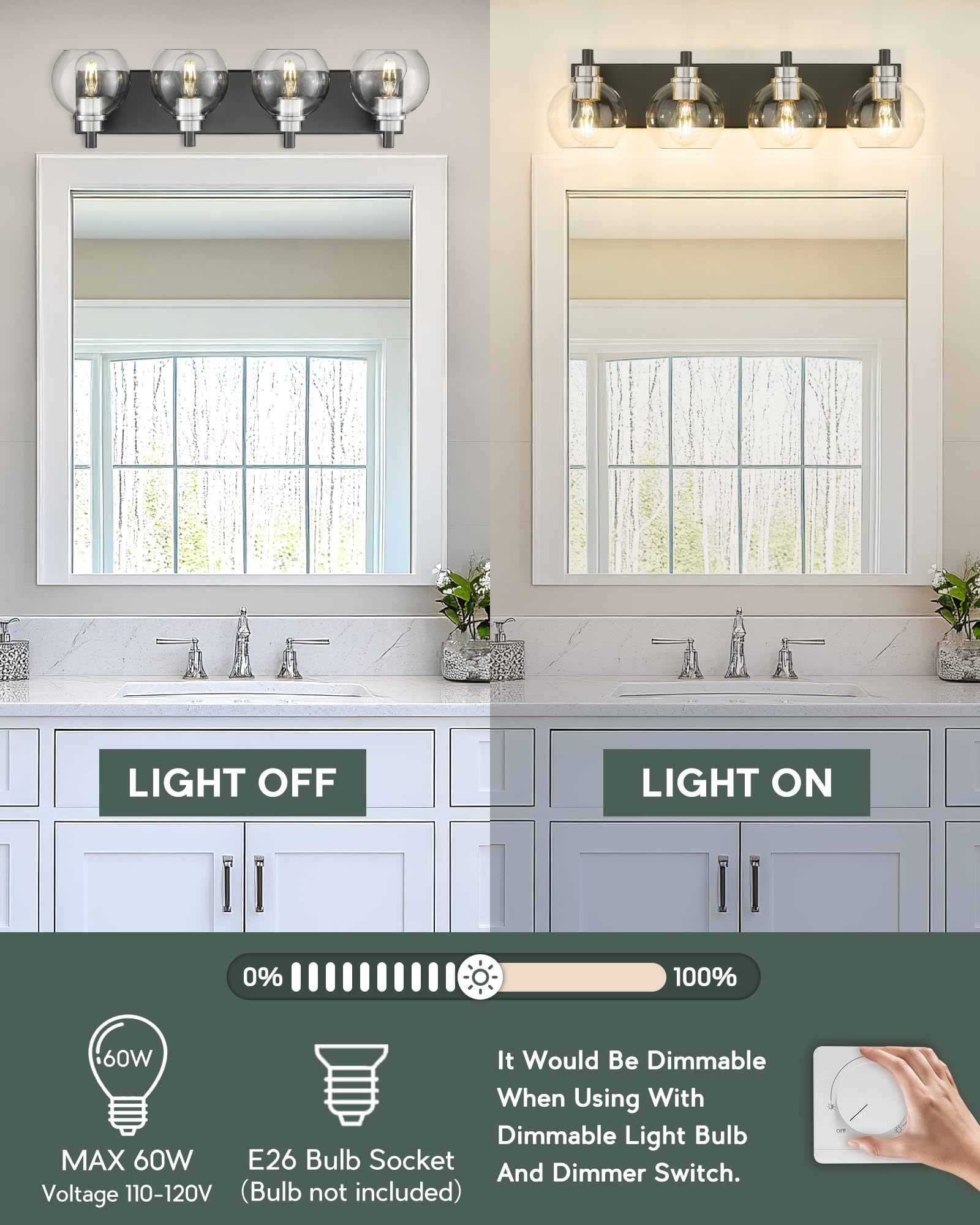 Metwet Bathroom Light Fixtures, 4-Light Black And Brushed Nickel Bathroom Vanity Light, 26 Inch Modern Wall Sconces With Globe C