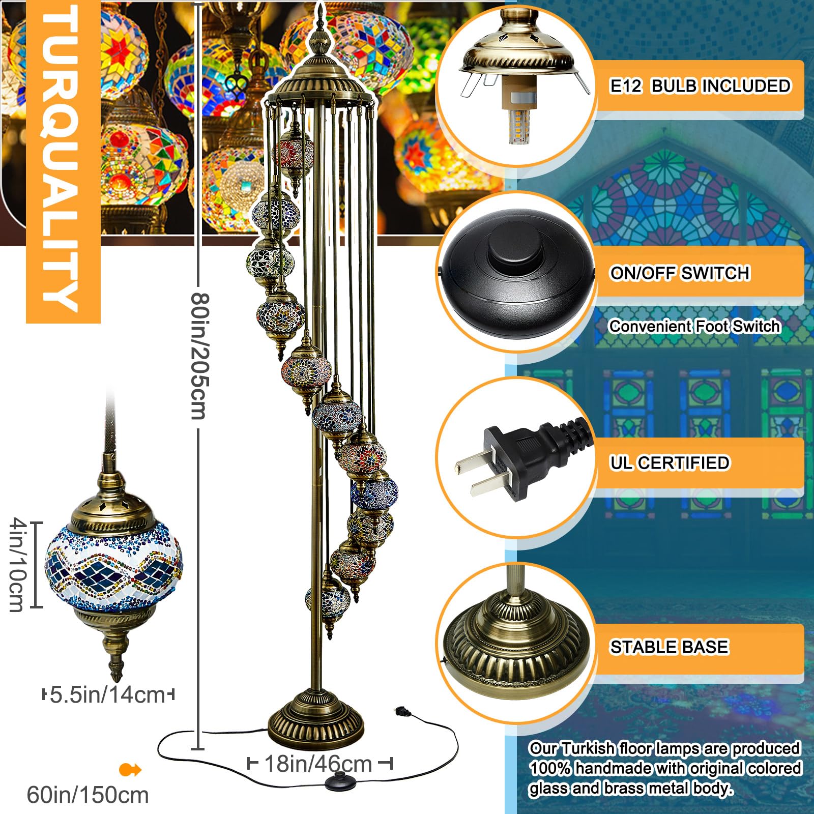 Hortsun Moroccan Floor Lamp - Handmade Metal Globe Lighting, 70.87" Tall, Colorful Design for Home Decor