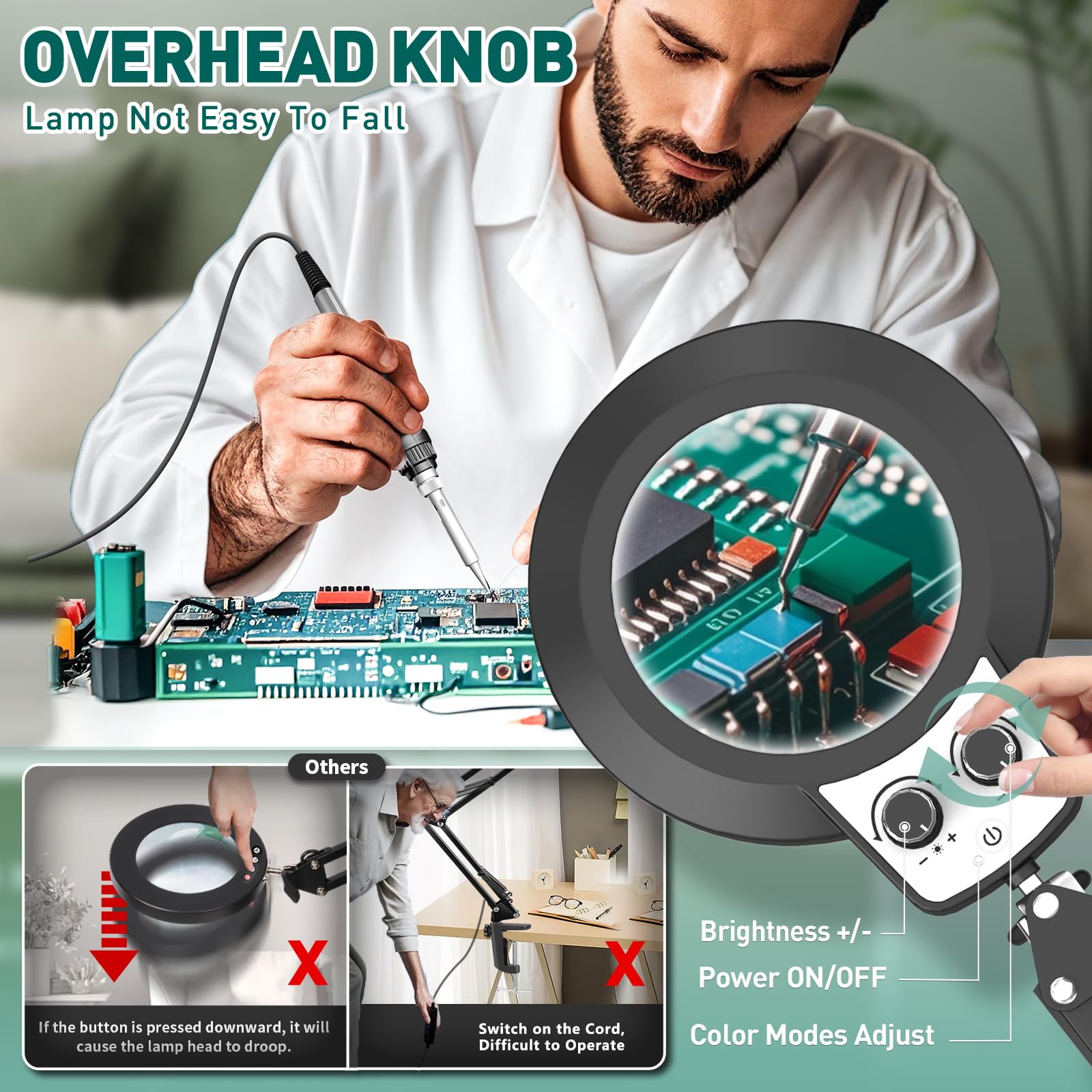 Kmdes 10X Magnifying Glass With Light And Stand, Upgraded Any Color Modes & Stepless Dimming Magnifying Lamp, 2-In-1 Hands Free