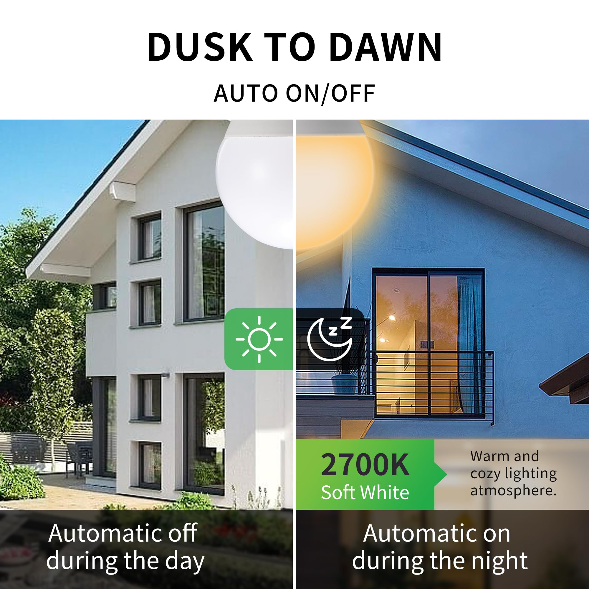 Qualilux Dimmable Dusk to Dawn Light Bulbs, Soft White 2700K, 1000LM, 12W LED, A19 E26 Base, 2-Pack,