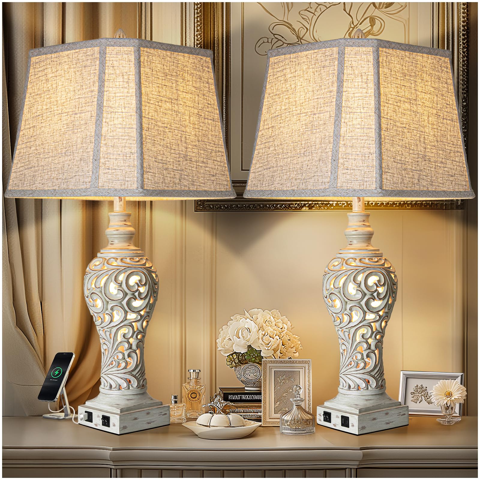 LuxSight Collection 32'' Tall Table Lamps Set of 2 - Bedside Lamp with Fabric Shades - for Bedroom and Living Room with USB and 