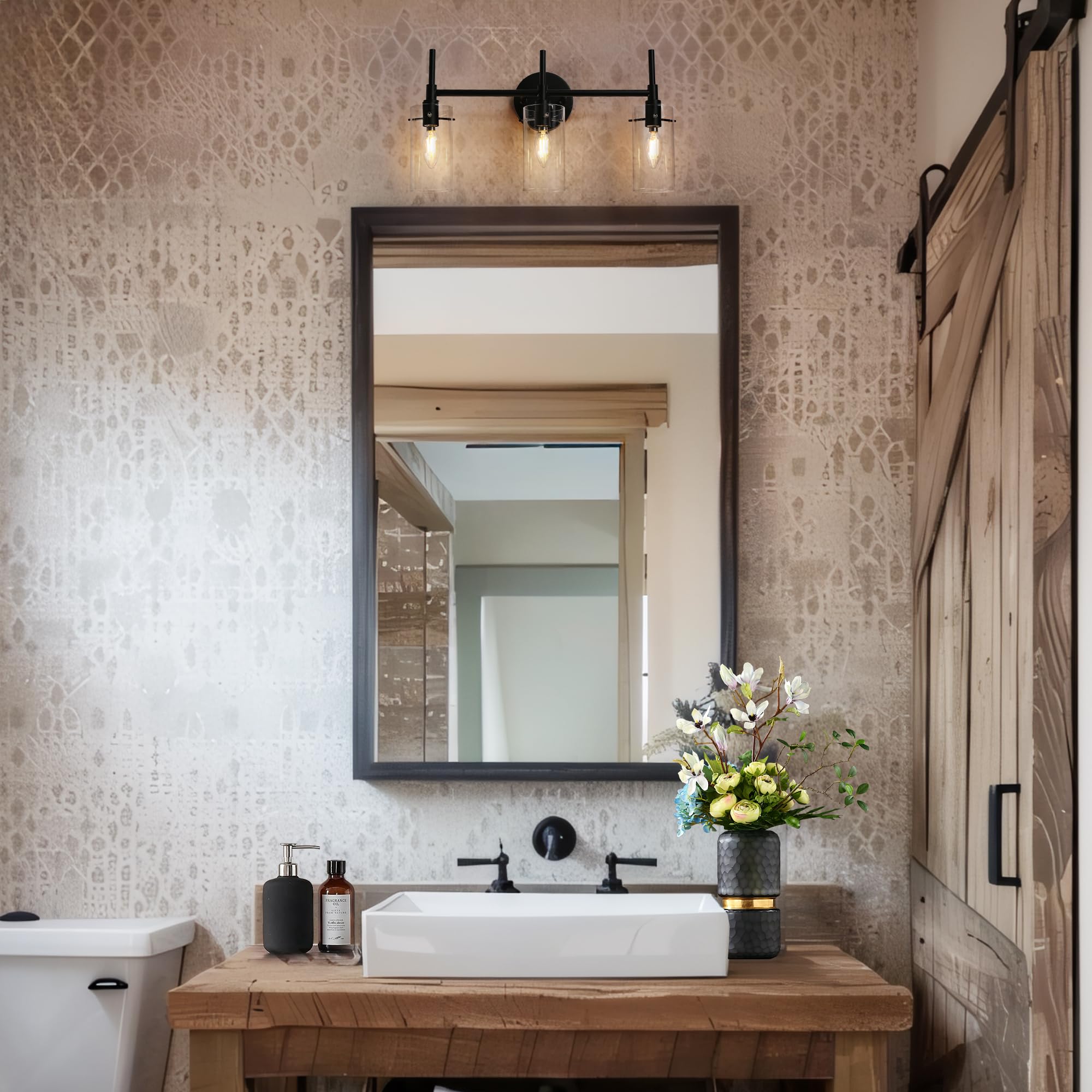 Black Vanity Light, Black 3-Light Bathroom Light Fixture Over Mirror, Modern Farmhouse Wall Lamp With Clear Glass For Bedroom, H