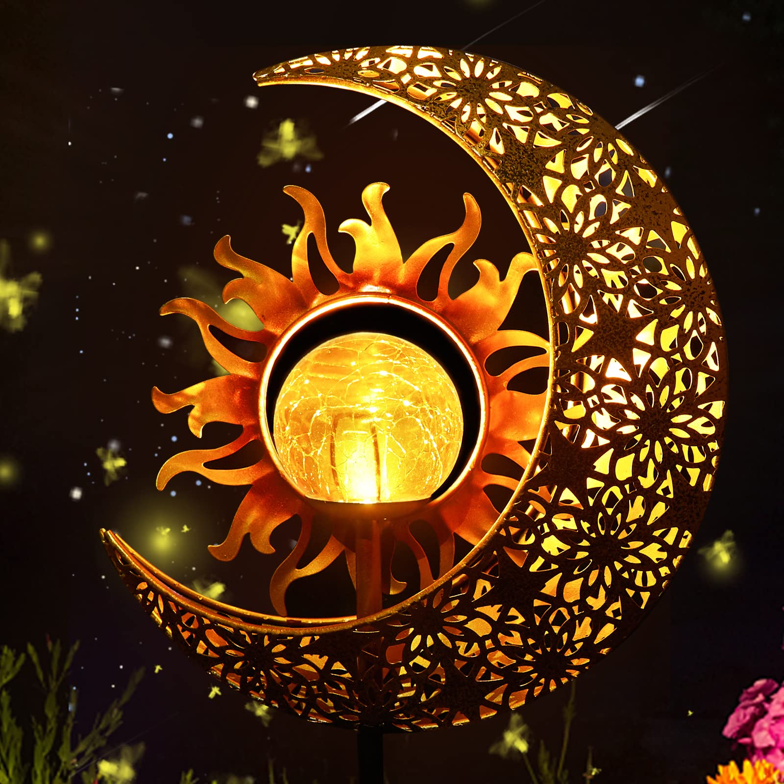 Licklip Solar Garden Lights, Sun & Moon Crackle Glass Globe, Waterproof Led Outdoor Decoration