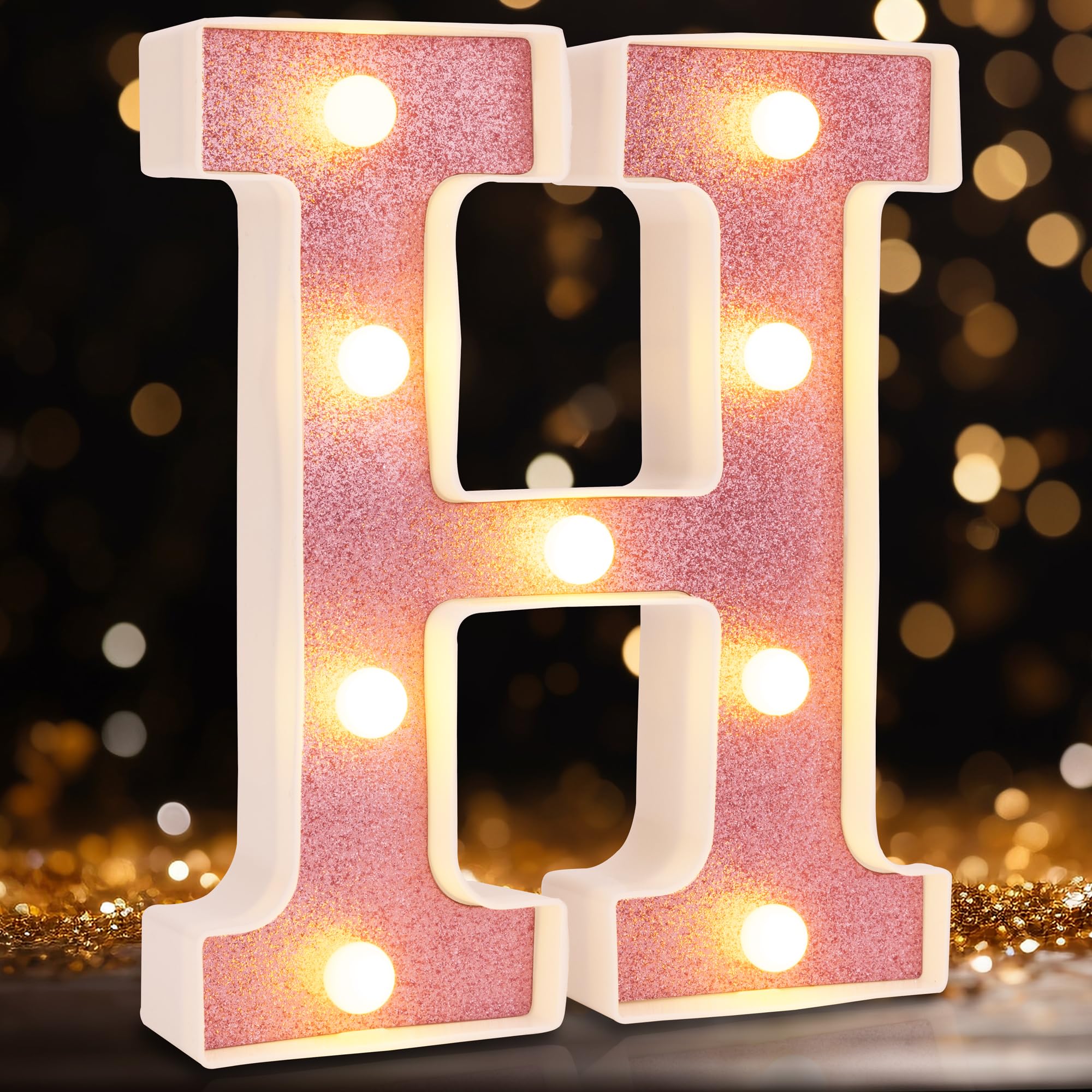 DyingSwan Small LED Marquee Letter H, 8.58 Inch Light Up Sign, Pink Glitter, Battery Powered Plastic Decor for Parties and Events