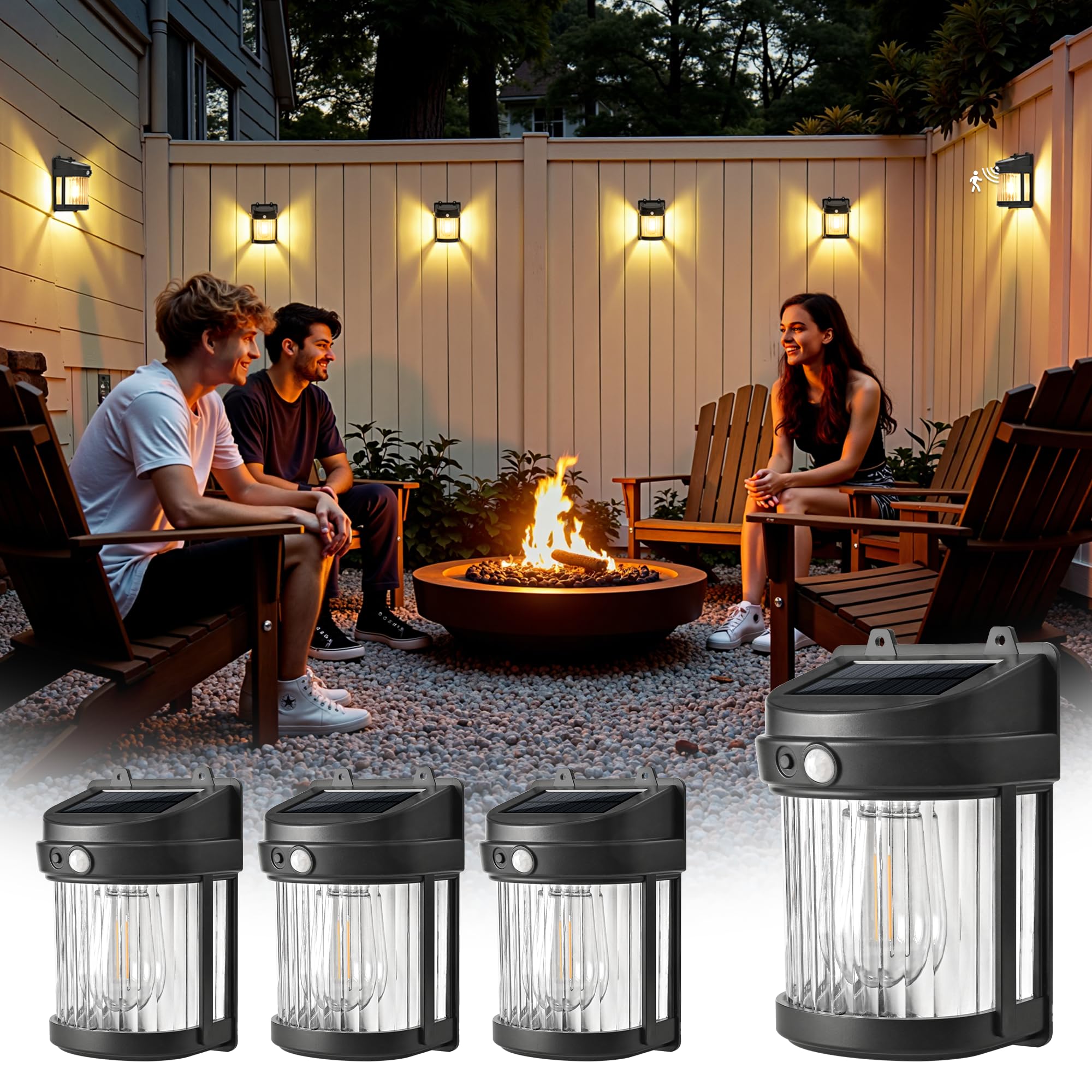 PEVOROS Solar Fence Lights, 4 Pack Solar Motion Fence Deck Lights Outdoor, 3 Modes for Step Wall Step Shed Patio Front Door Gara