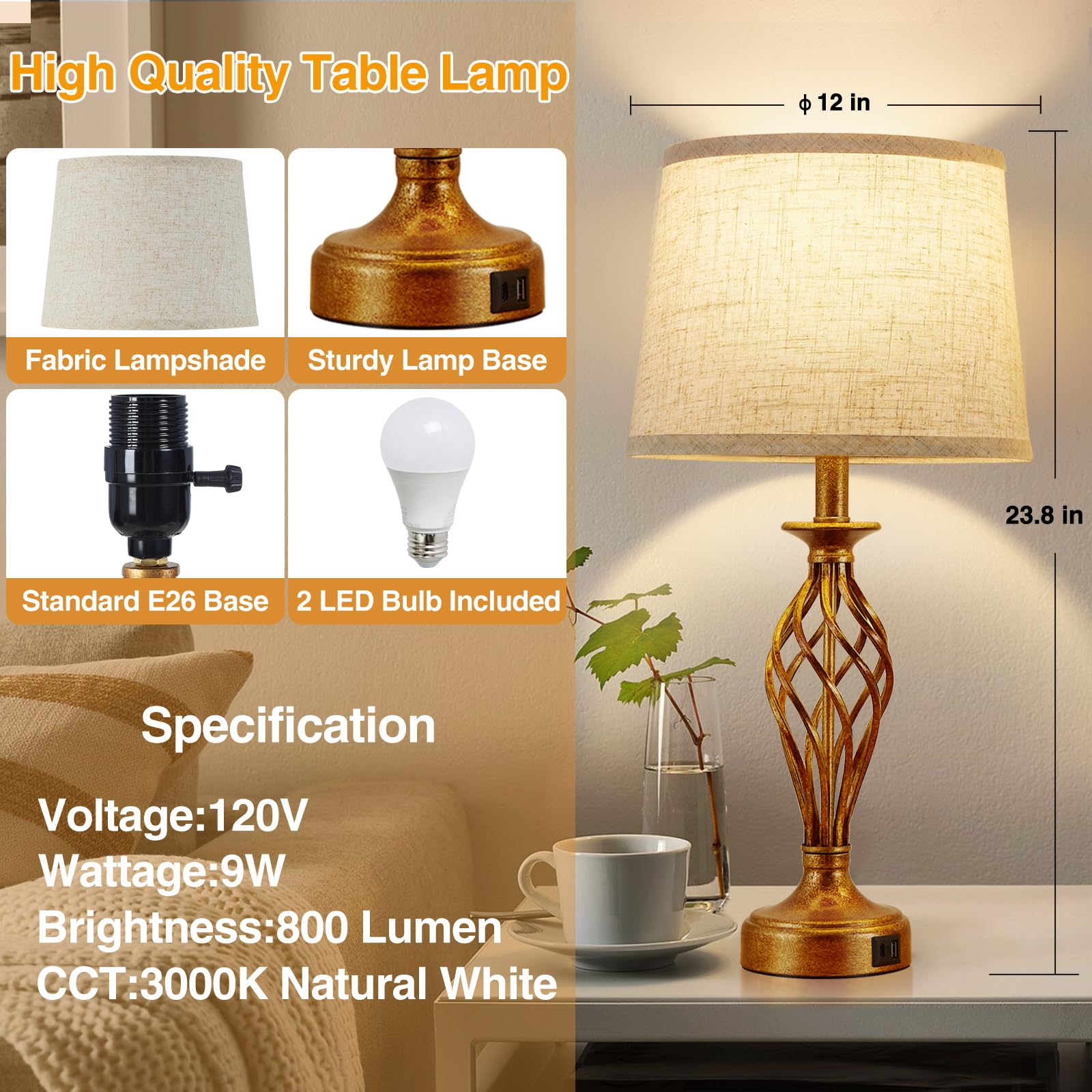 Nightstand Table Lamps For Bedrooms Set Of 2 With Usb C+A, Bedside Lamps With Spiral Cage Base, Tall Living Room Lamps For End T