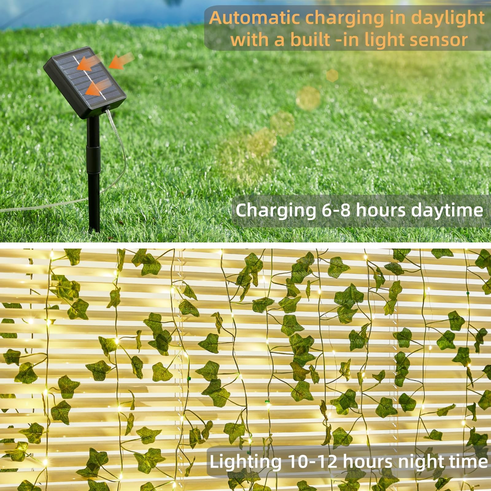 KAiSnova Solar Vine String Lights, 100LED Warm White, 33FT, Waterproof Fairy Leaf Lights for Outdoor Garden, Model Nov-solarleaf