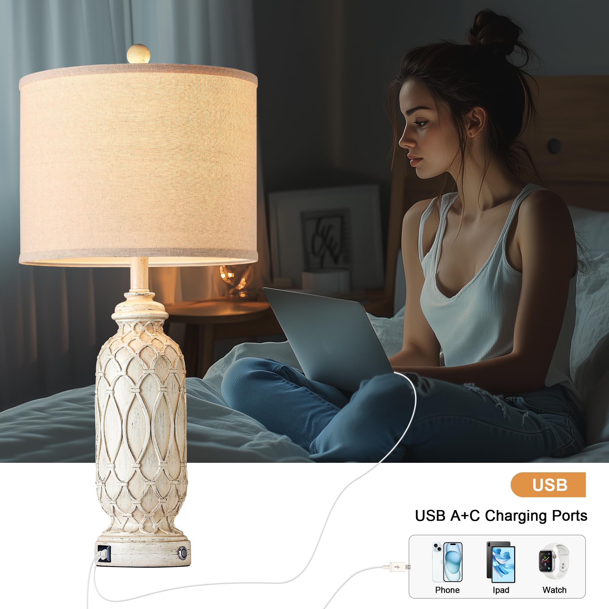 Ireliare Farmhouse Lamps For Living Room Set Of 2, 28'' Table Lamps For Bedroom With Usb A+C Charging Ports, Touch Lamps For Nig