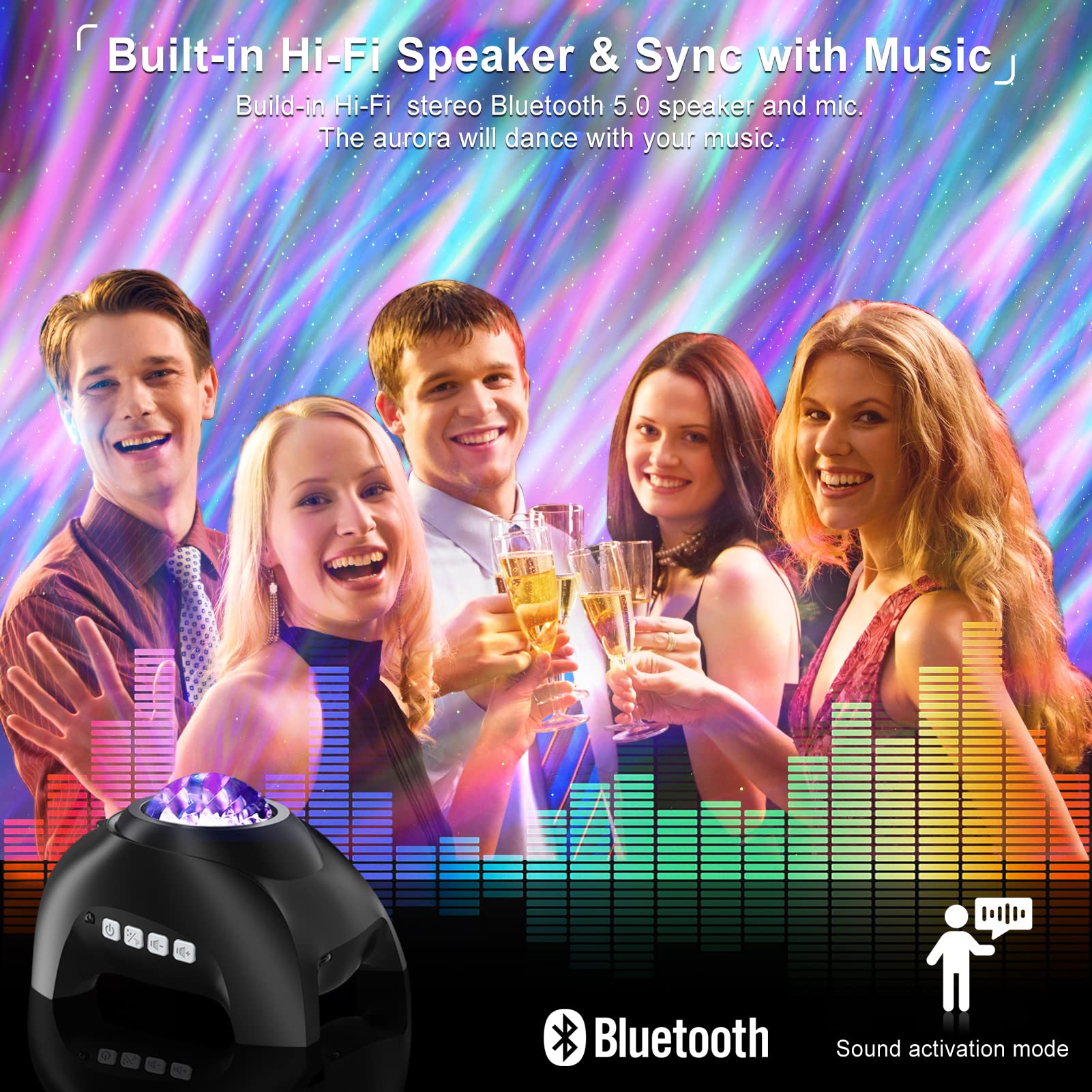 Vinwark Northern Lights Aurora Projector, Bluetooth Speaker, Black, Model HJ-XKD09