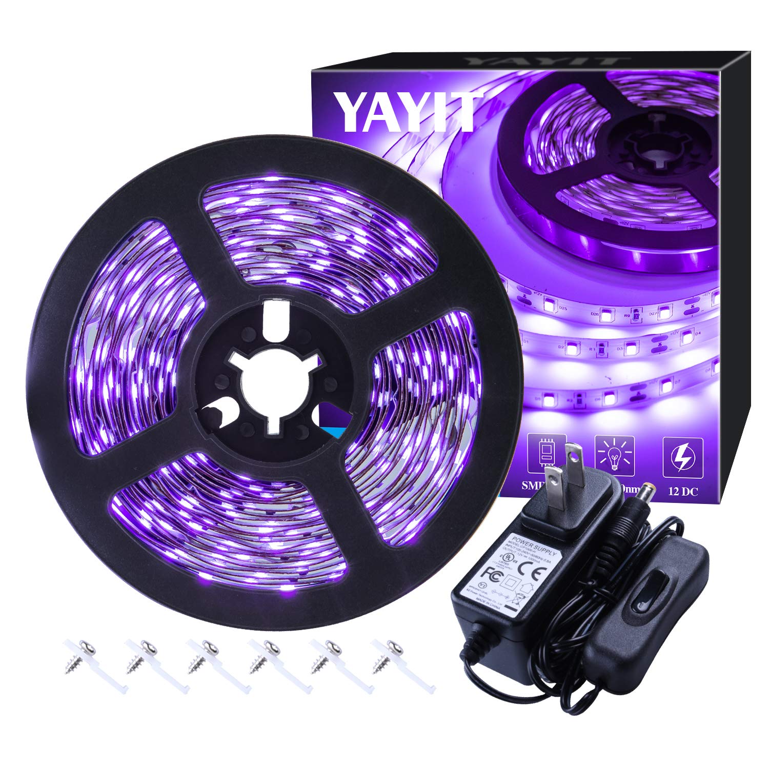 YAYIT 20ft LED Black Light Strip Kit, 12V Flexible Plastic Fixtures for Indoor Home Decoration, Non-Waterproof