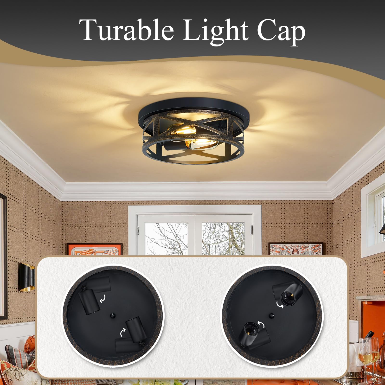 Skejao Flush Mount Ceiling Light Fixture,Rustic Metal Black 2-Light Hallway Light Fixtures Ceiling,Vintage Light Fixtures Ceilin