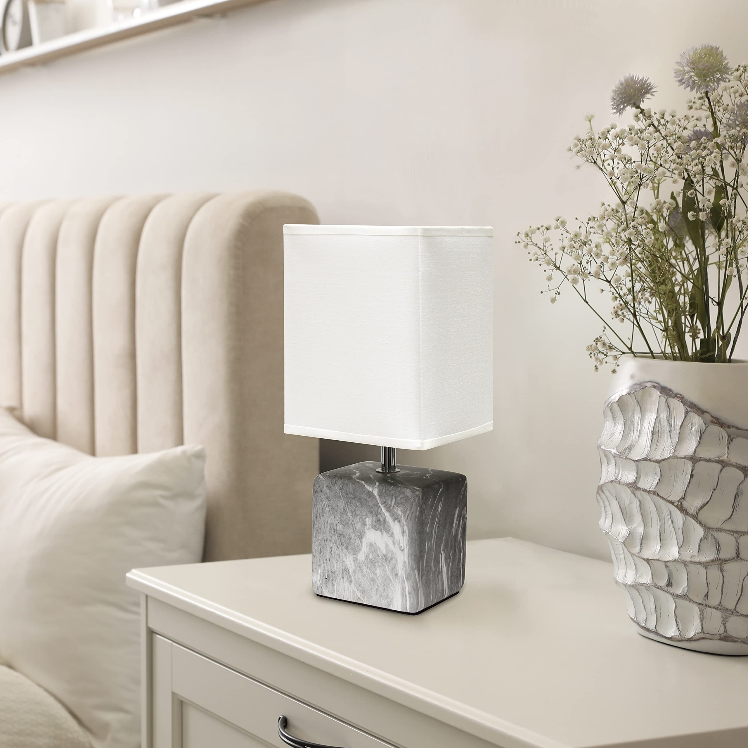 Simple Designs LT2071-BAW Mini Table Lamp, Gray Black Marble Ceramic, White Fabric Shade, 1 Count