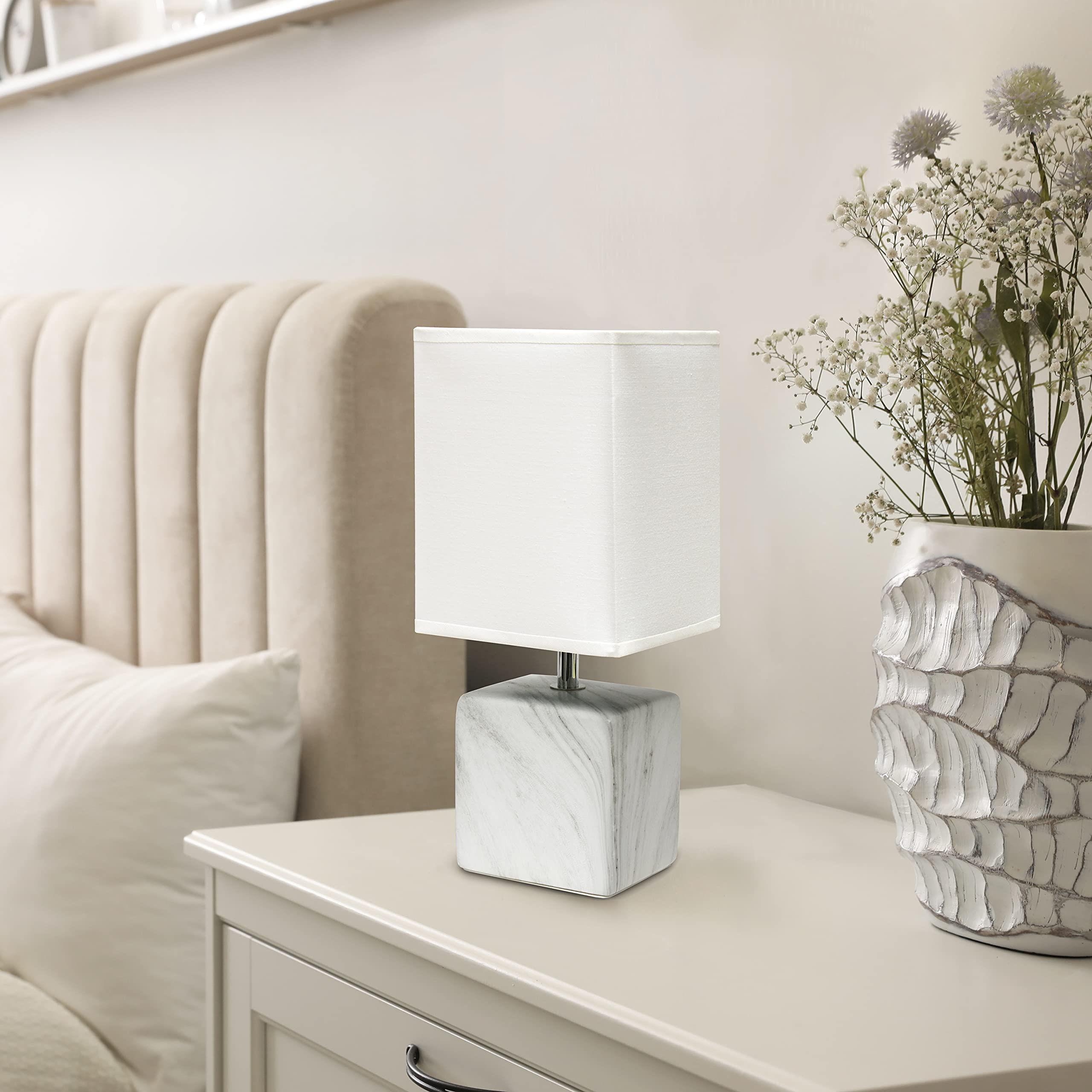 Simple Designs Lt2071-Wow White Gray Petite Marbled Ceramic Bedside Mini Table Lamp With White Fabric Shade