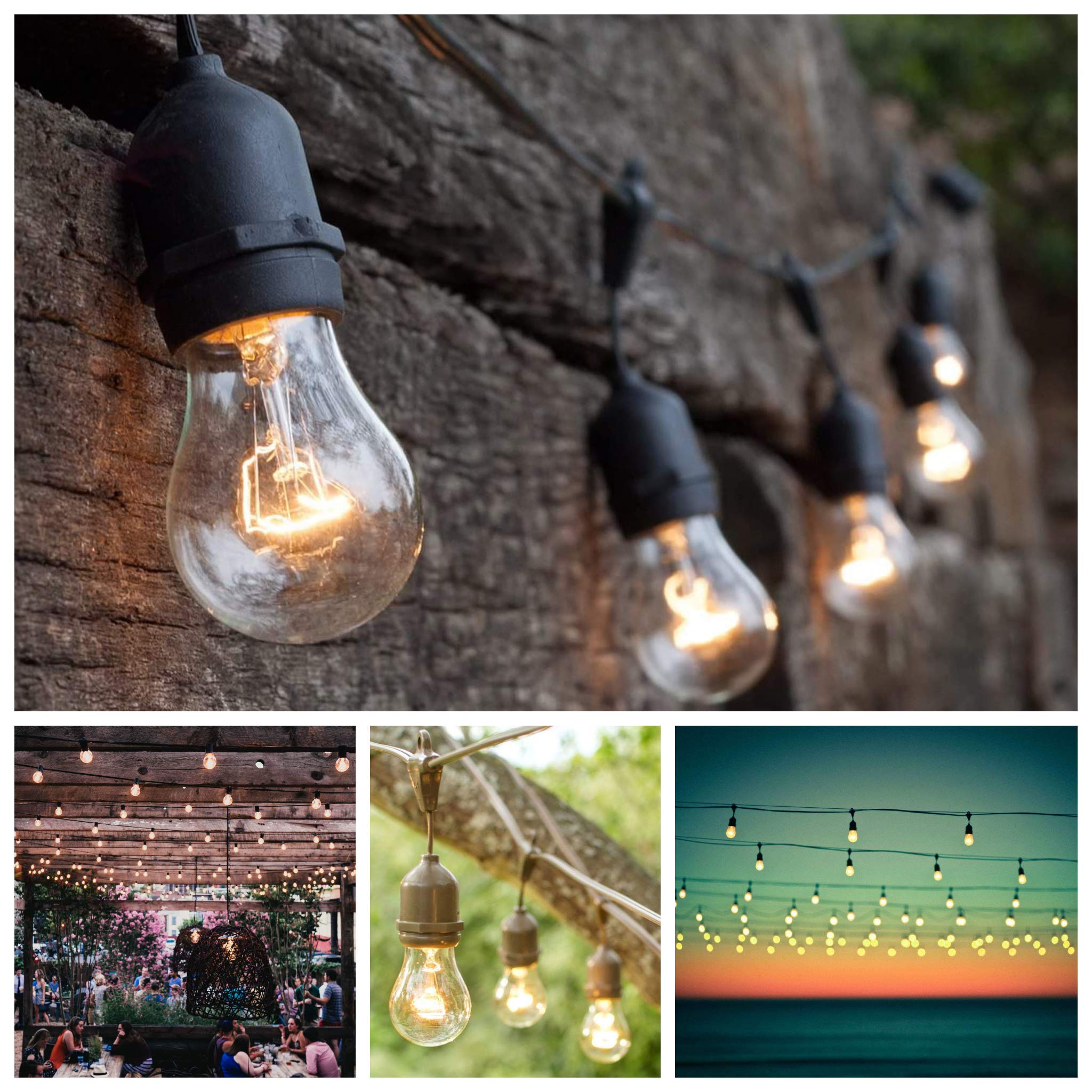 Hometown Evolution  Inc. 50 Foot E26 Outdoor Commercial String Lights With Suspended Socket For Weatherproof Heavy Duty Vintage Outside Lighting - Set Of 25 A15 Clear Bulbs