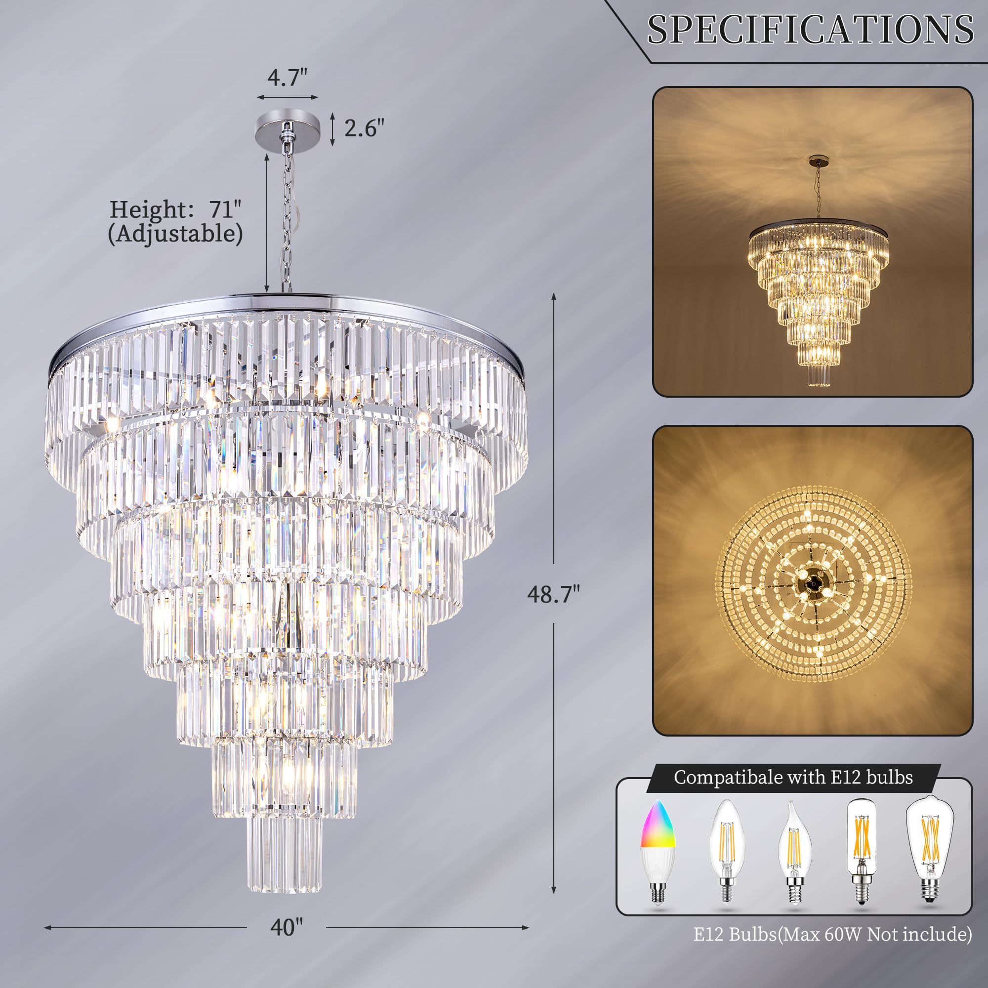 Tochic Large Crystal Chandelier For High Ceiling, 40-Inch 7-Tier Modern Chrome Crystal Chandeliers Lighting Fixture, Raindrop K9