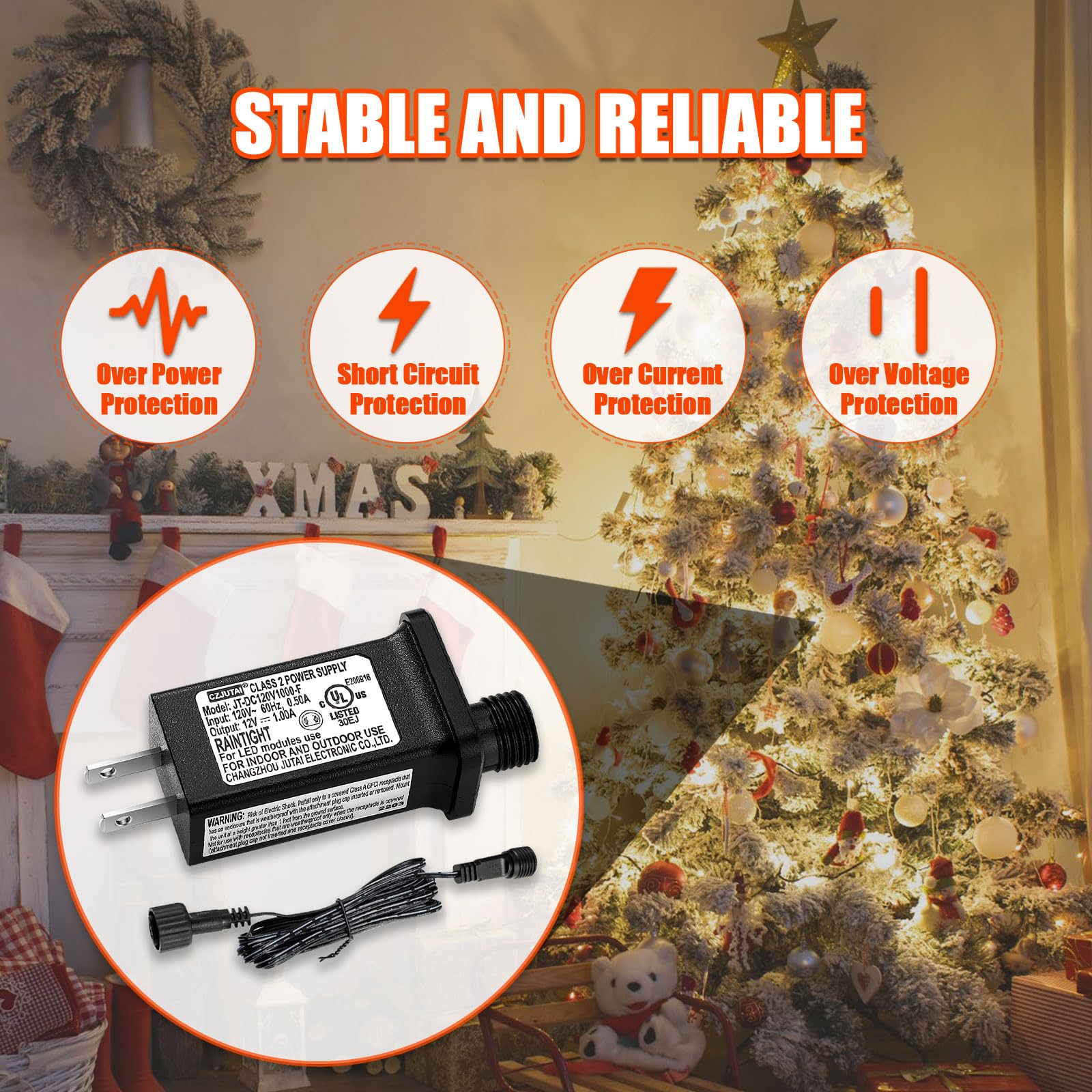 Airoads 12V 1A LED Controller with Extension Cord, Class 2 Power Supply for Christmas Lights & Inflatable Decorations, IP44 Rated