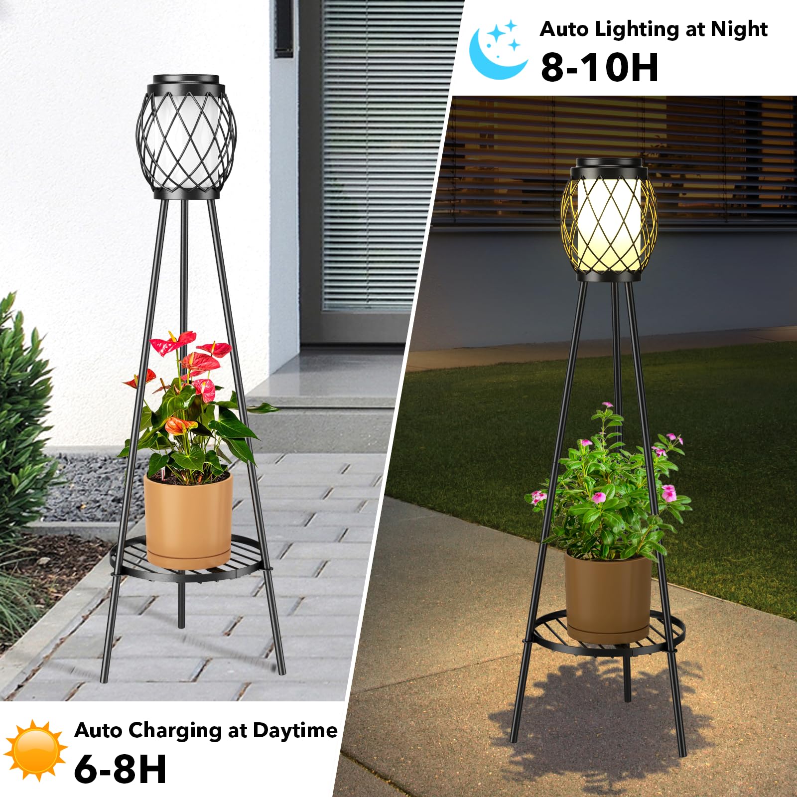 Solar Lights Outdoor With Plant Stands 2 Pack, Solar Floor Lamp Metal Tripod Patio Lights For Garden Yard Pathway Driveway Front