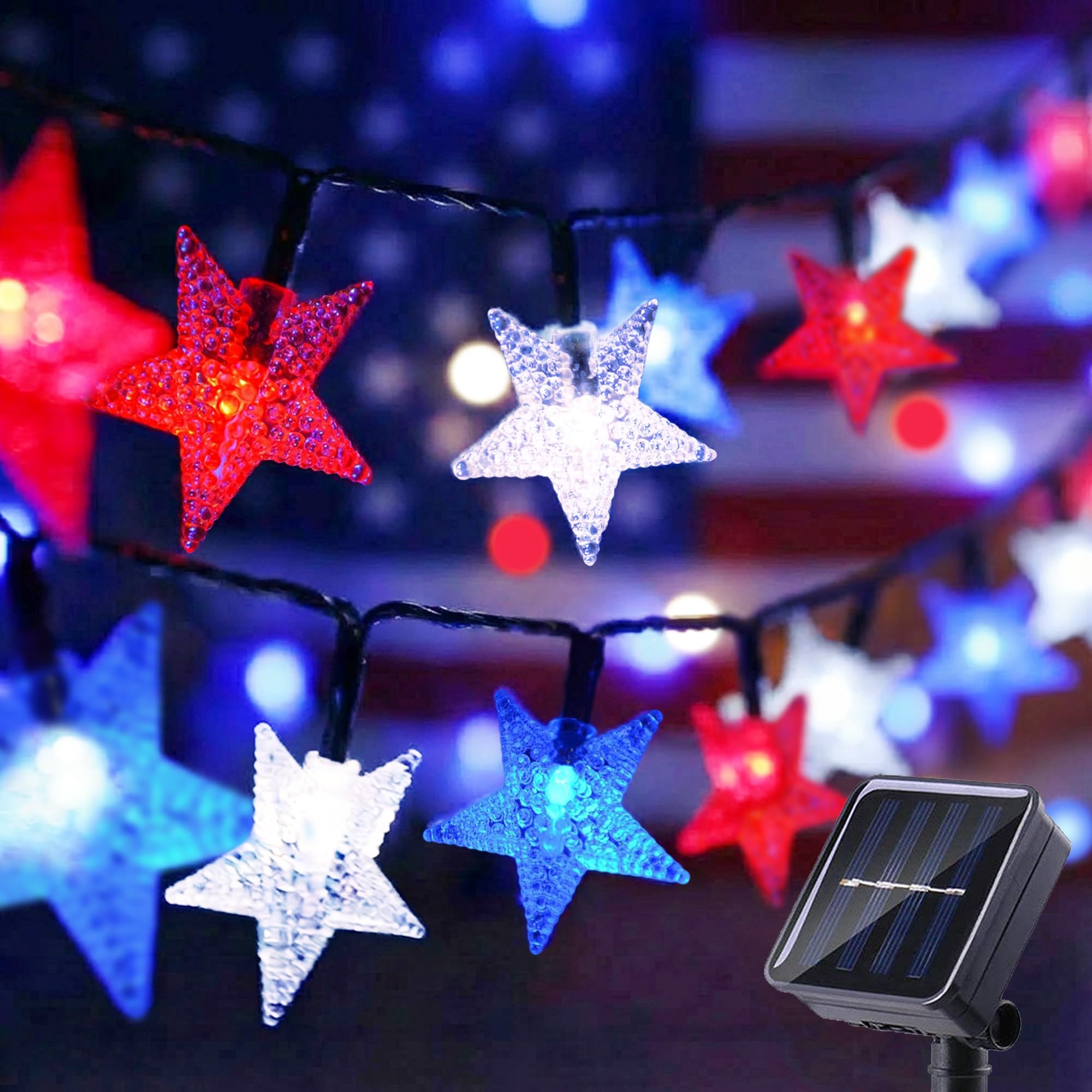 Serpouliom 4th of July Decor Star String Lights, 23FT 50LED Red White Blue Twinkle Lights 8 Modes Solar Powered IP65 Waterproof 