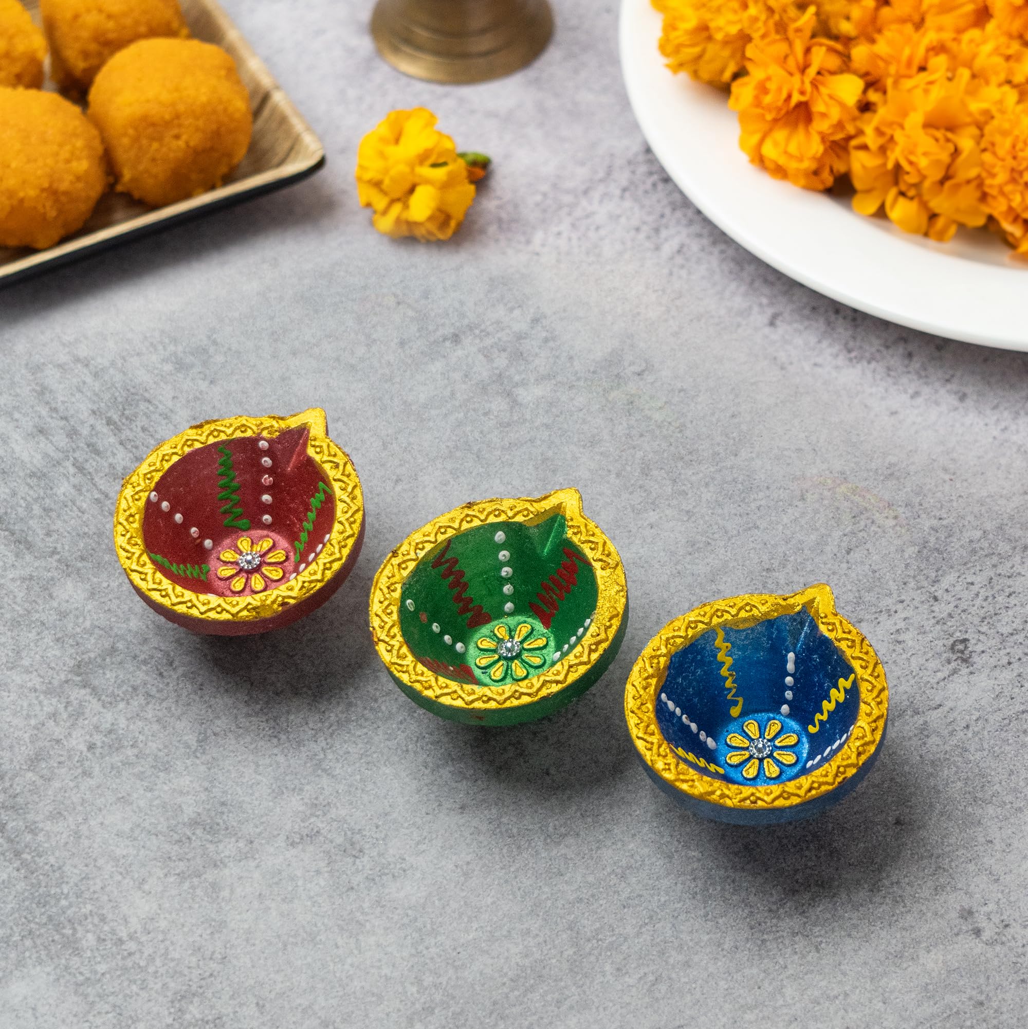 Letz Celebrate Clay Diyas Pack of 12 with 1 Diwali Toran, Design 3, DW24_D2P12, Ideal for Diwali Decorations and Pooja