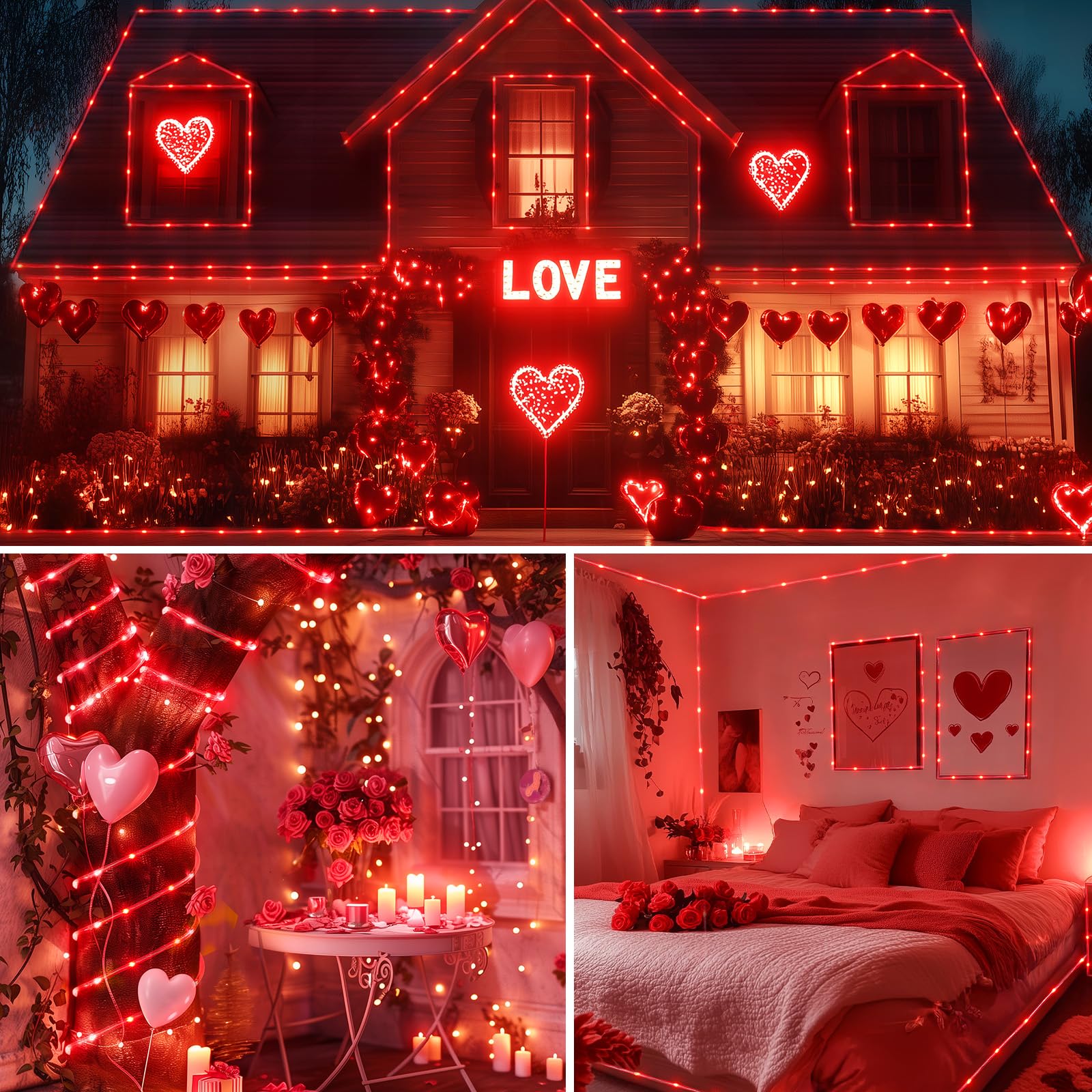 Minetom 2 Pack String Lights Battery Operated, Total 66Ft 200 Led Valentine Lights Battery Operated With Timer, 8 Mode, Waterproof Rope Lights For Outside Bedroom Indoor Valentine'S Day Decoration,Red