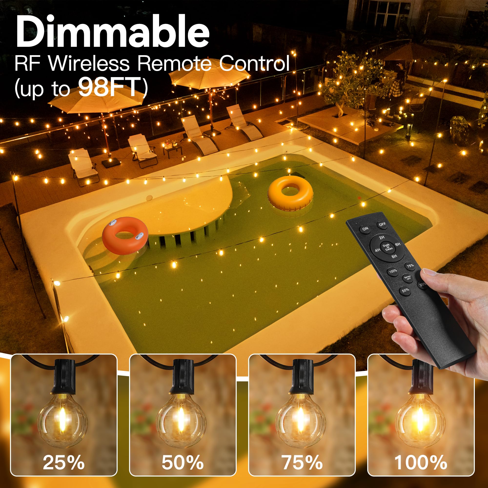 Ccinny Outdoor Lights, 50+3 G40 LED Bulbs, Remote Dimmer, Waterproof, 100 FT, Warm White, Model IL-E12-1810050