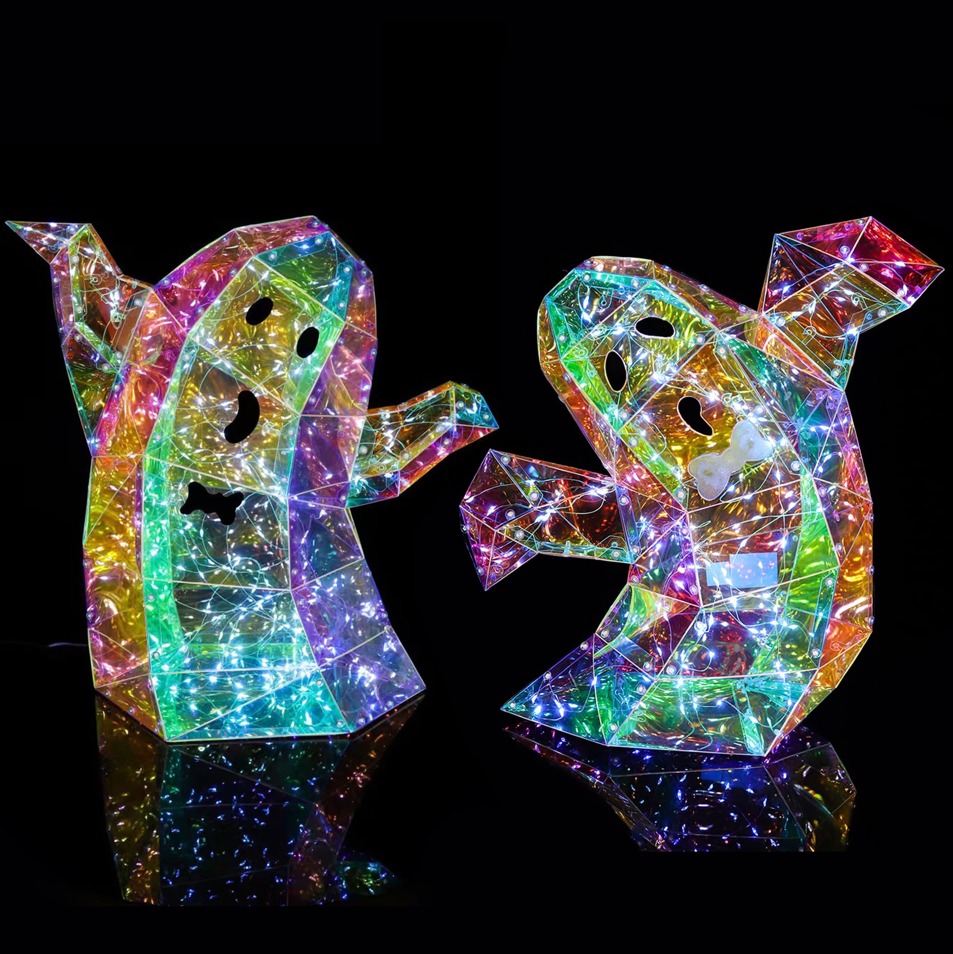 2 Pcs Prismatic Iridescent Spooky Ghost  Prismatic Ghost Led Lights  Halloween Lights Gift For Women Men  Funny Colorful Glow Lights Halloween Decorations Indoor (Large Ghost)