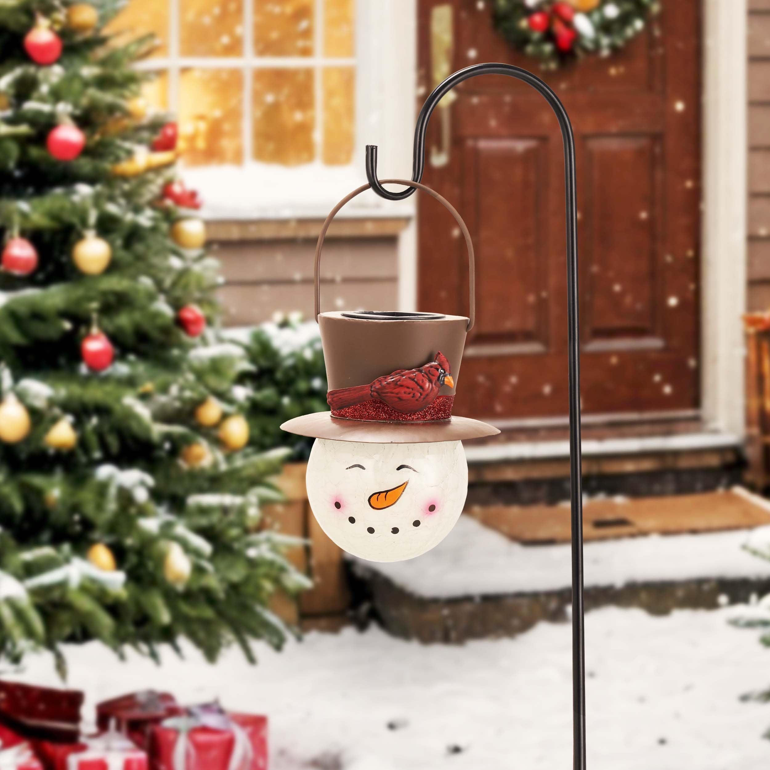 Teresa'S Collections Outdoor Christmas Decorations For House, 36'' Snowman Glass Solar Lantern Stake With Brown Cardinal Hat, Xm