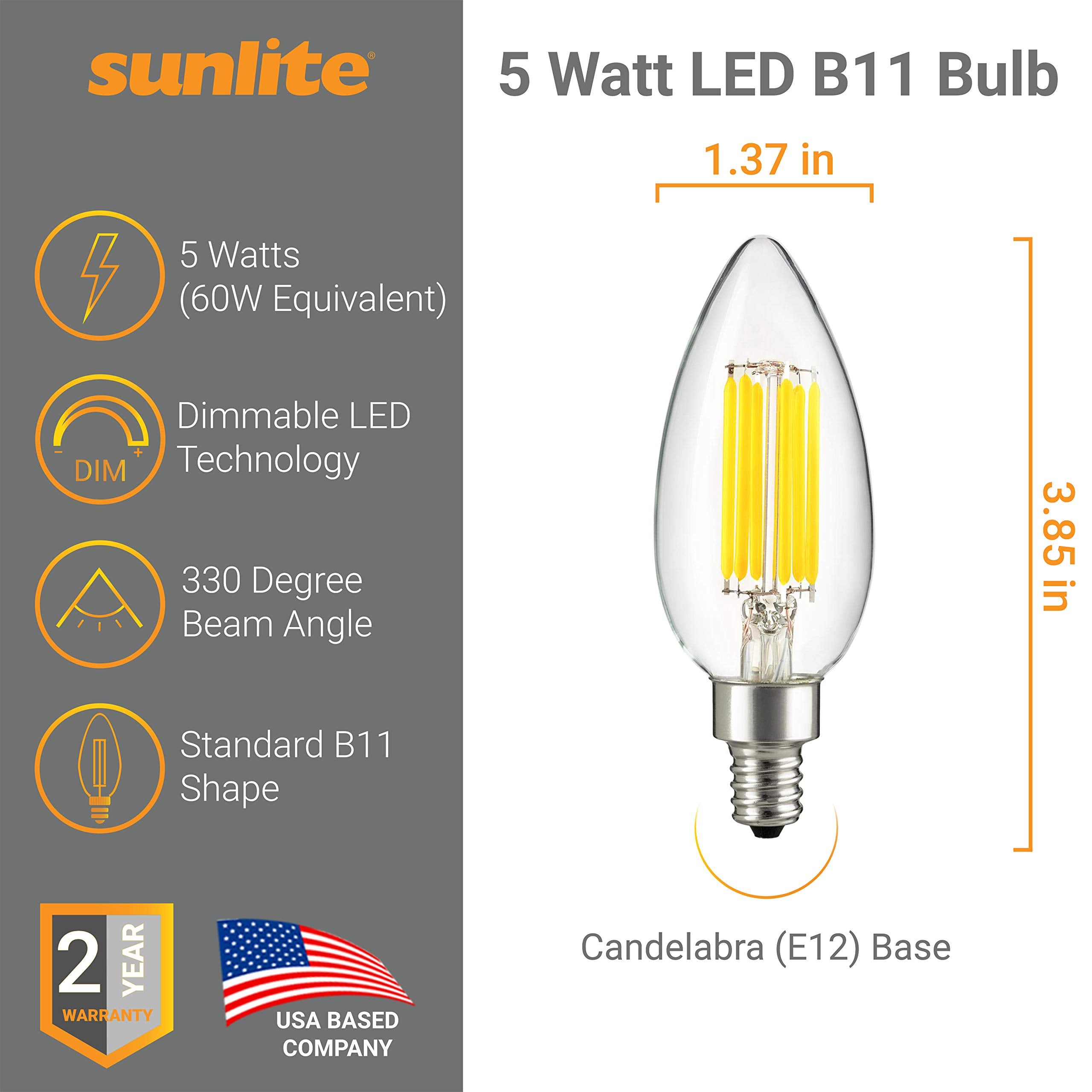 Sunlite 40957 Led B11 Filament Style Chandelier Light Bulb Torpedo Tip 6 Watts (60 W Equivalent) Dimmable, 600 Lumens, Candelabr