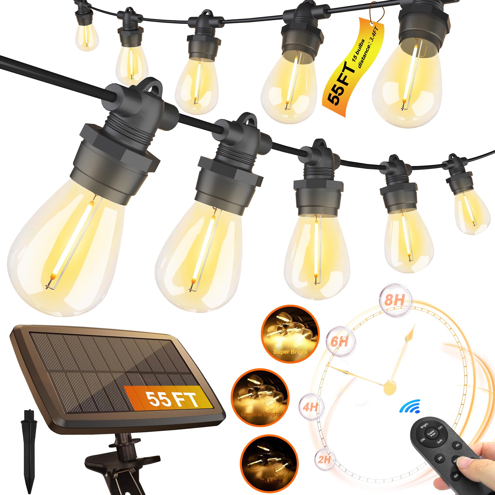 Stright Solar String Lights 55FT 15 Sockets Waterproof Warm White E12 S14 Bulbs Remote Control with USB Charging Port