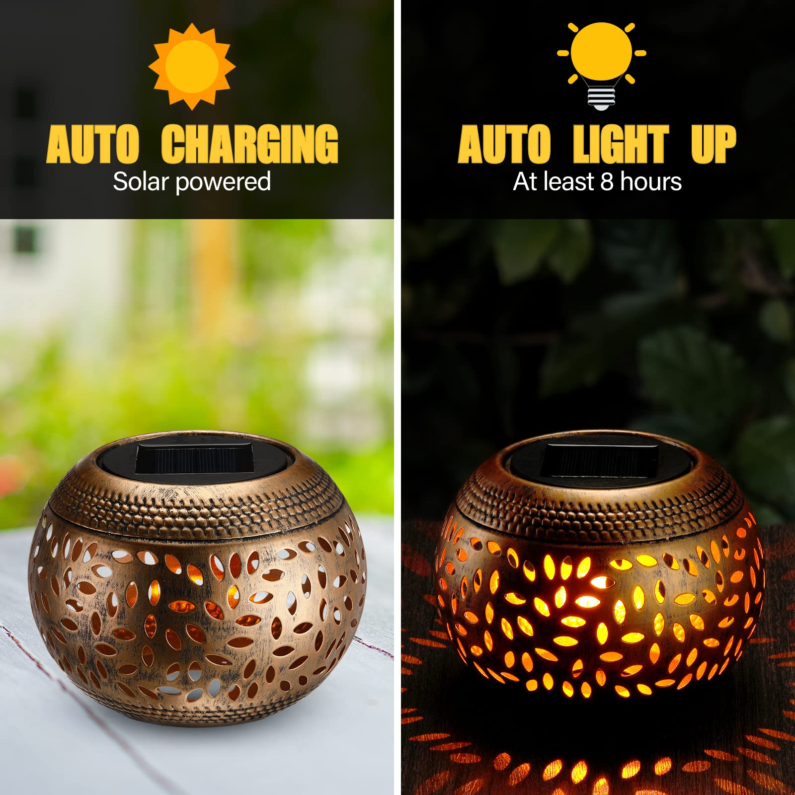 2 Pcs Solar Table Lantern Outdoor Waterproof Flickering Flame Solar Powered LED Light Decorative Metal Outdoor Lamp for Outside