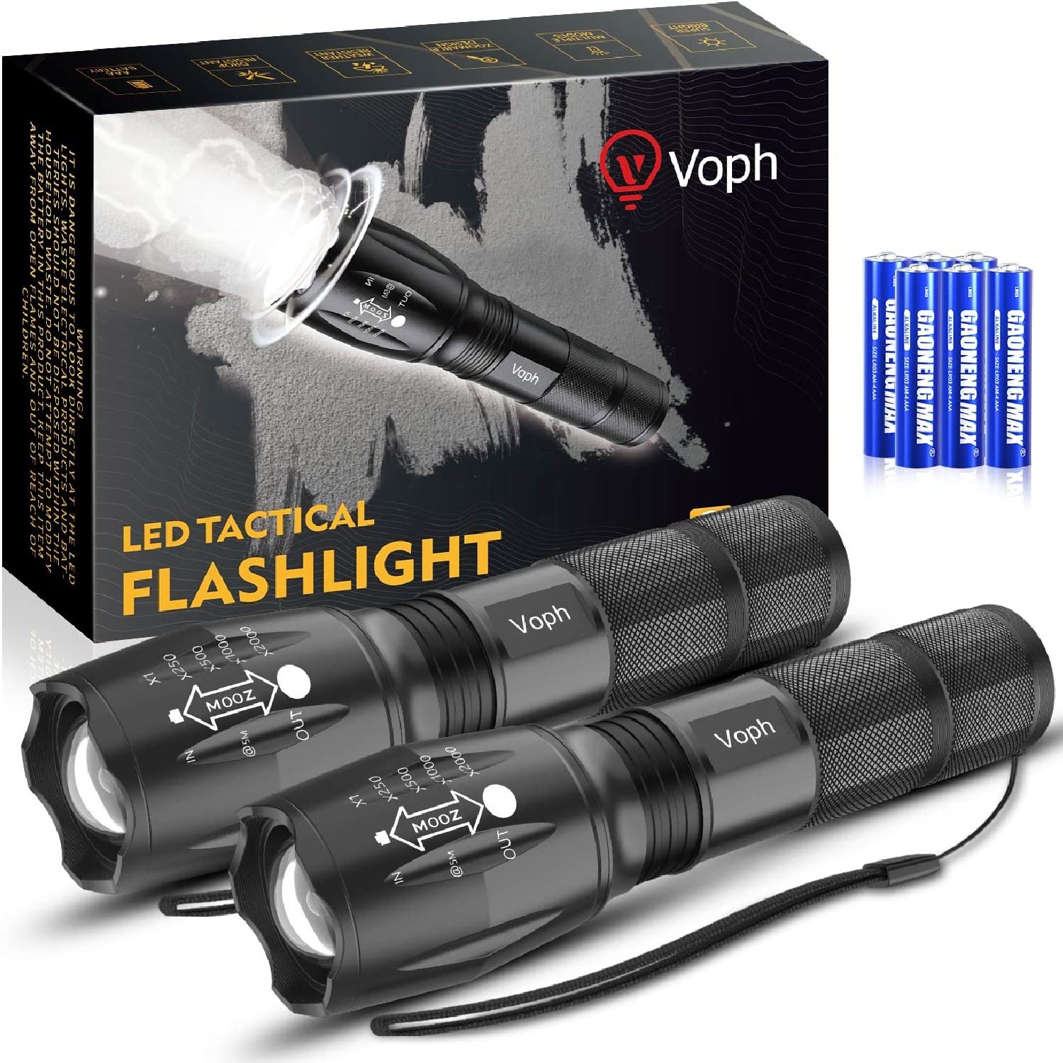 Voph Flashlight 2 Pack, 5 Modes 2000 Lumen Tactical Led Flash Light, High Lumens Bright Waterproof Flashlights, Focus Zoomable F