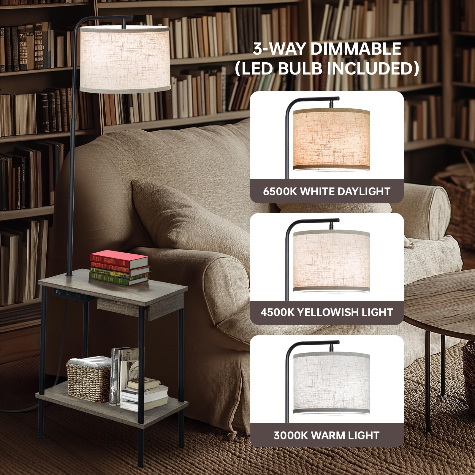 EOEYYOYB Floor Lamp with USB Charging Port, Gray End Table with Drawers, 3 Color Temperature LED Bulb Included