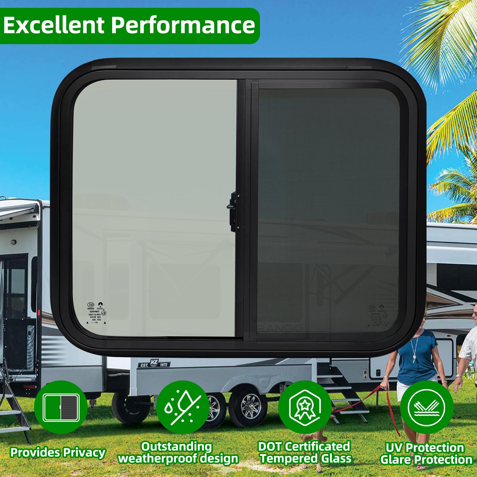 NOVINO RV Window Replacement - Horizontal Sliding, 30inW x 24inH, Black, Model NRW-006, Fits 15/16in or 1-3/8in Thick Wall