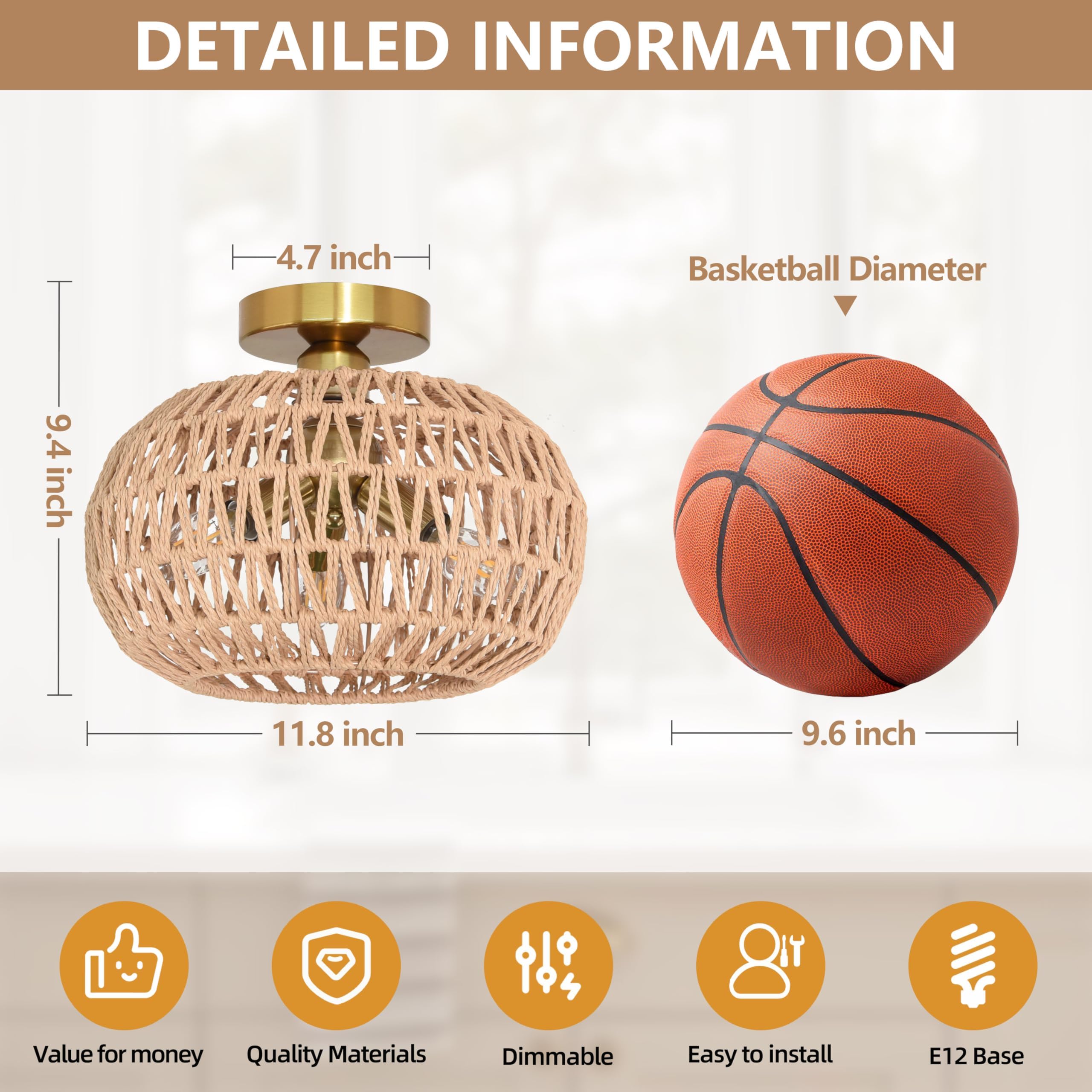 Ayshwilldec 11.8'' Rattan Light Fixture 3-Lights Boho Semi Flush Mount Ceiling Light Rattan Close To Ceiling Light Farmhouse Lig