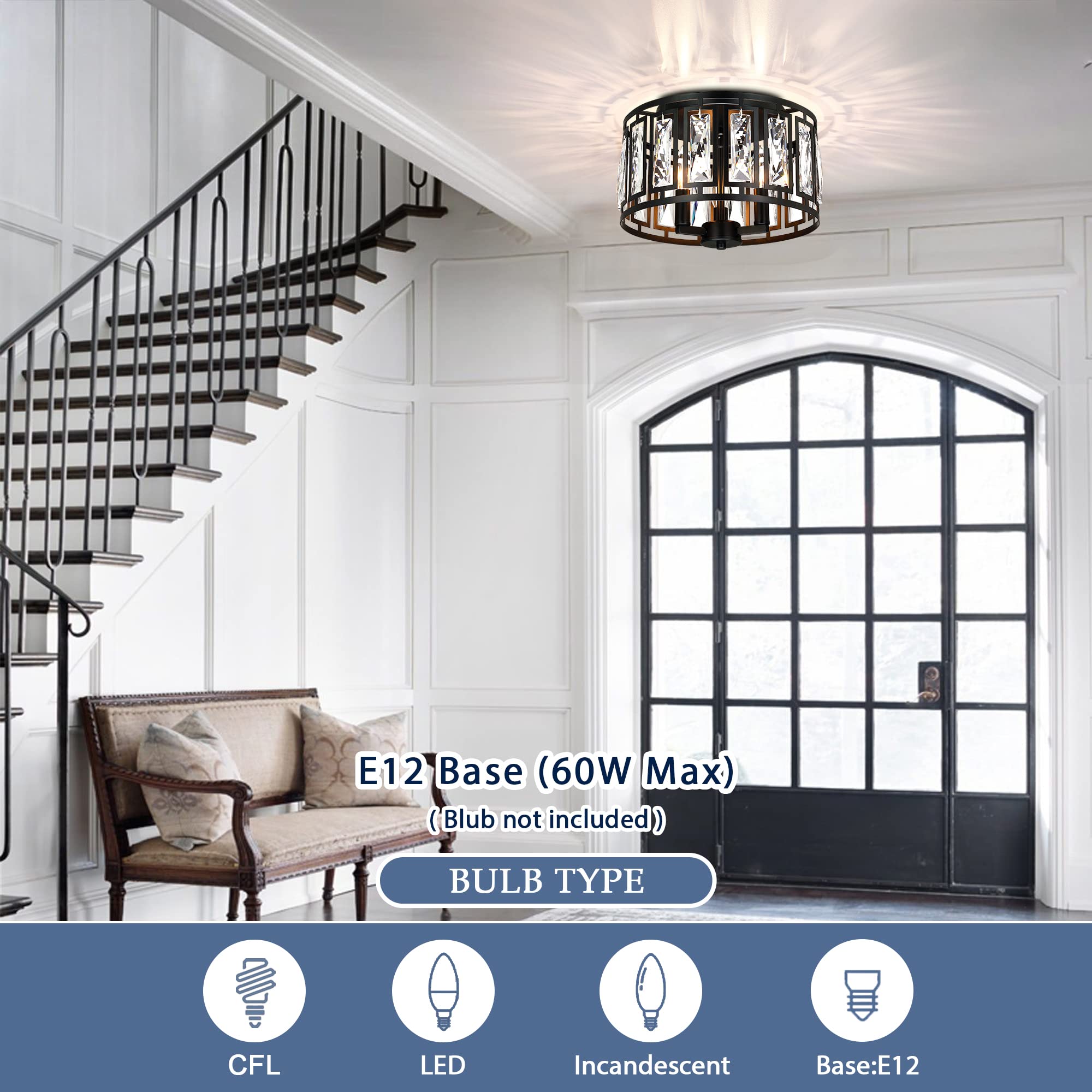 Crystal Ceiling Light Flush Mount For Bedroom, Kitchen Island Crystal Drum Shade Lighting Fixture, 3-Light Black Ceiling Lamp Fo