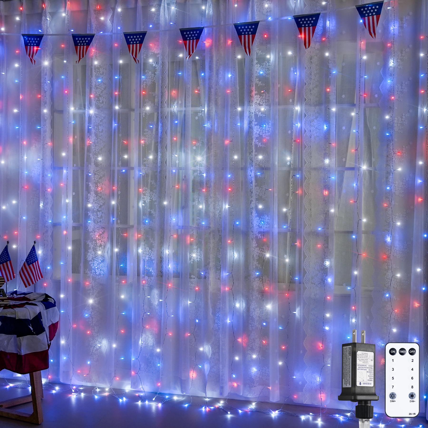 JMEXSUSS 300 LED String Lights, Red White and Blue, 9.8x9.8ft, Remote Control, Indoor Outdoor 4th of July Decor, Model EXS-C