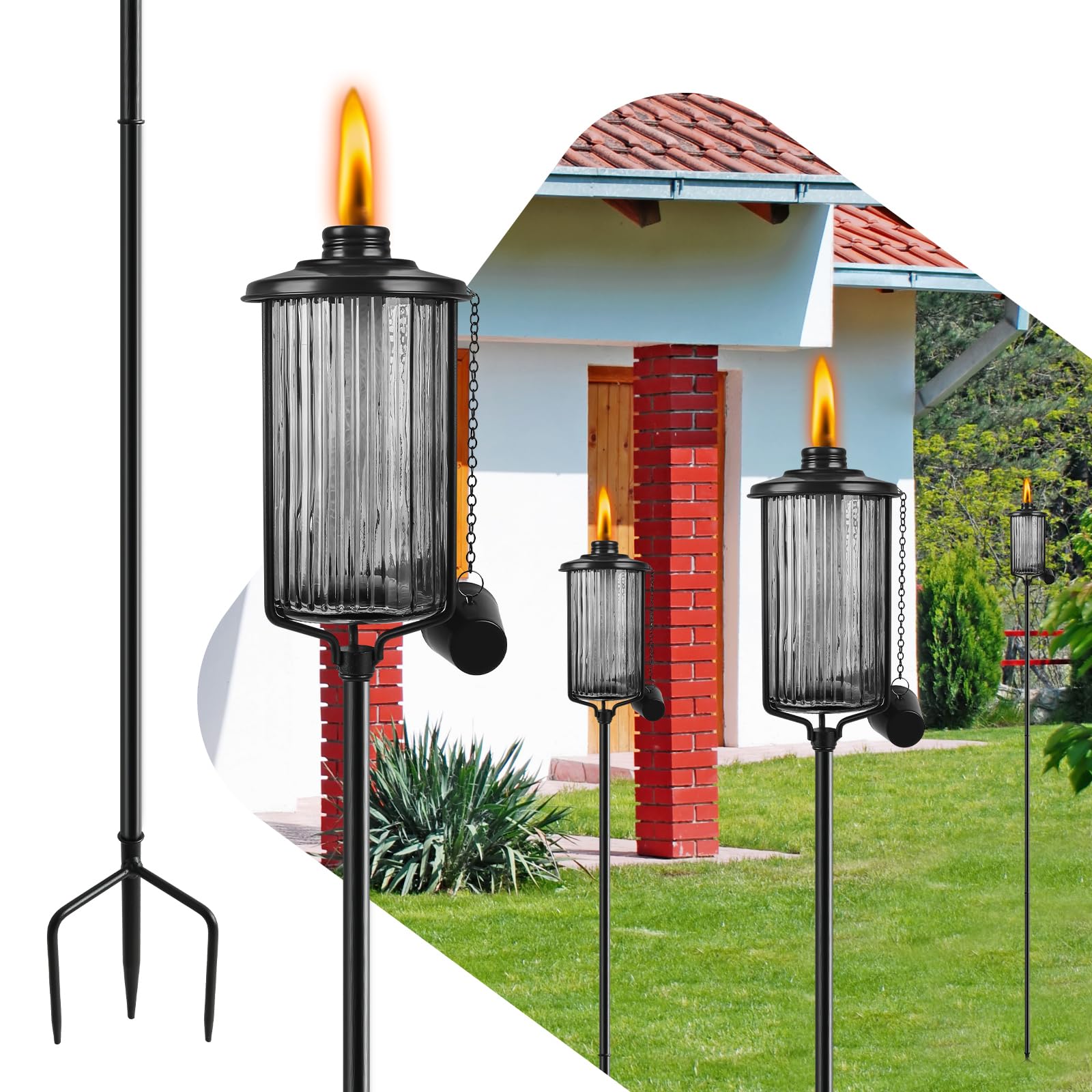 Falbawr 4 Pack Black Glass Citronella Torches - 55&quot; Outdoor Garden Lights With Stake