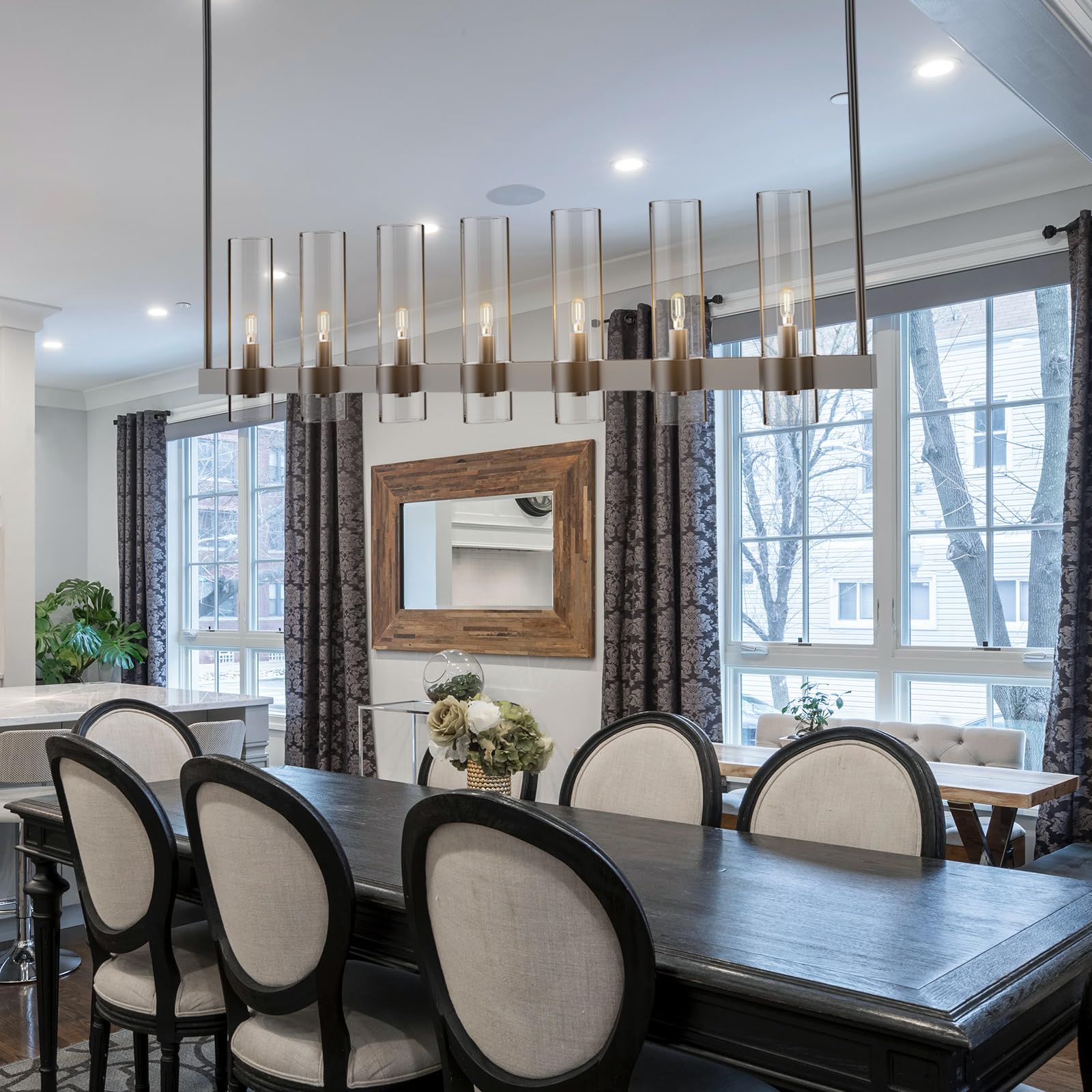 Yiosi Black Kitchen Island Lighting- 7-Light Linear Chandelier  Adjustable 47 Modern Farmhouse Rectangle Pendant Light Fixtures  Dining Room  Bedroom