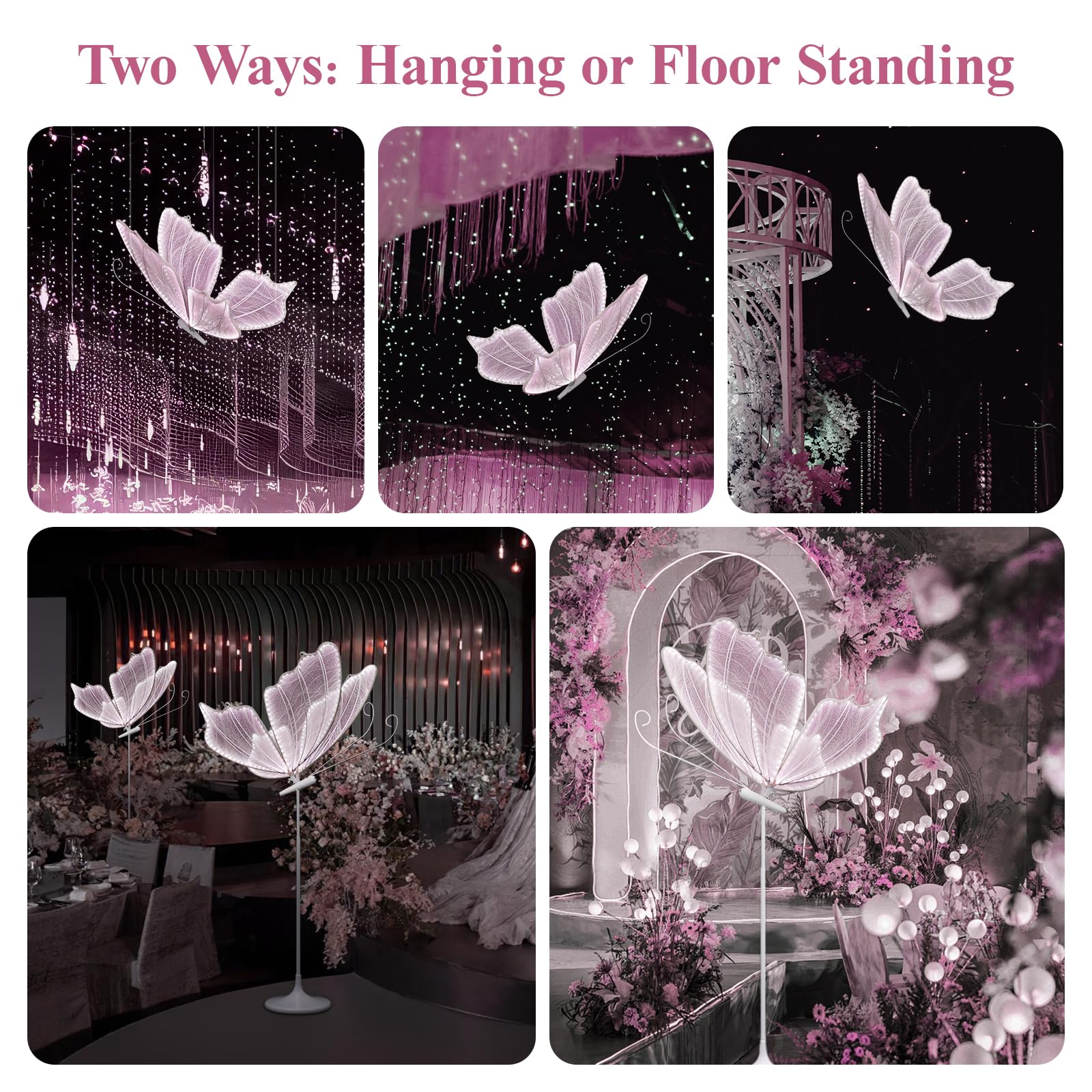 Wedding Butterfly Led Floor Lamp: Hanging White Color Ceiling Light - Romantic Wedding Decoration Lights Fixture - Adjustable Height Creative Butterfly Props (2, 60 Cm/23.6 In(Pink Light))