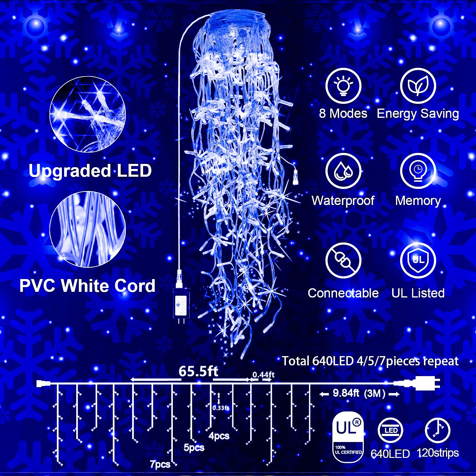 Jxledayy Christmas Lights 640 Led 65 Ft Christmas Lights Outdoor With 120 Drops Plug In 8 Modes Christmas Decorations Curtain Fa